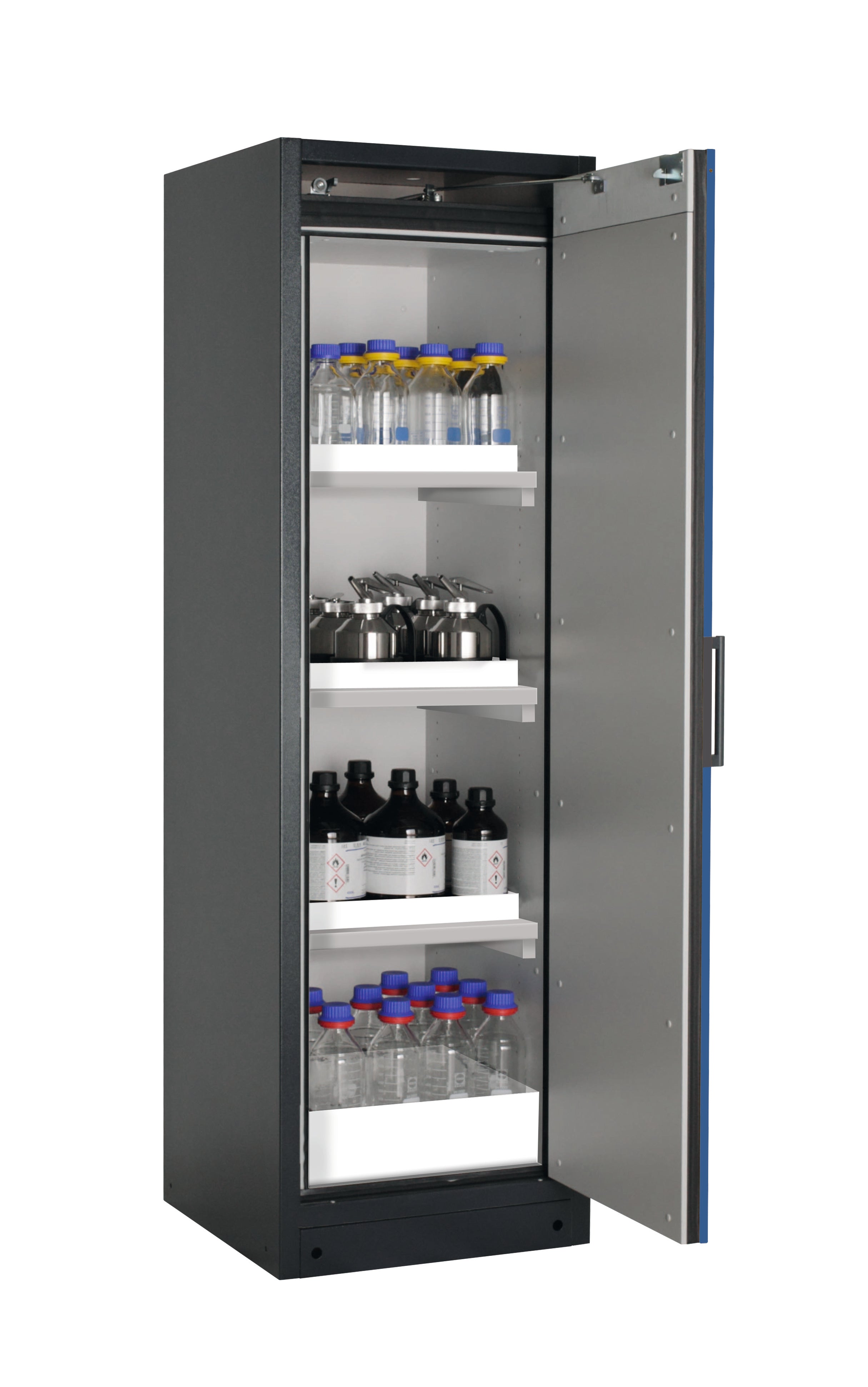 Typ 90 Sicherheitsschrank Q-PEGASUS-90 Modell Q90.195.060.WDACR in enzianblau RAL 5010 mit 3x Wannenboden Standard (Polypropylen)