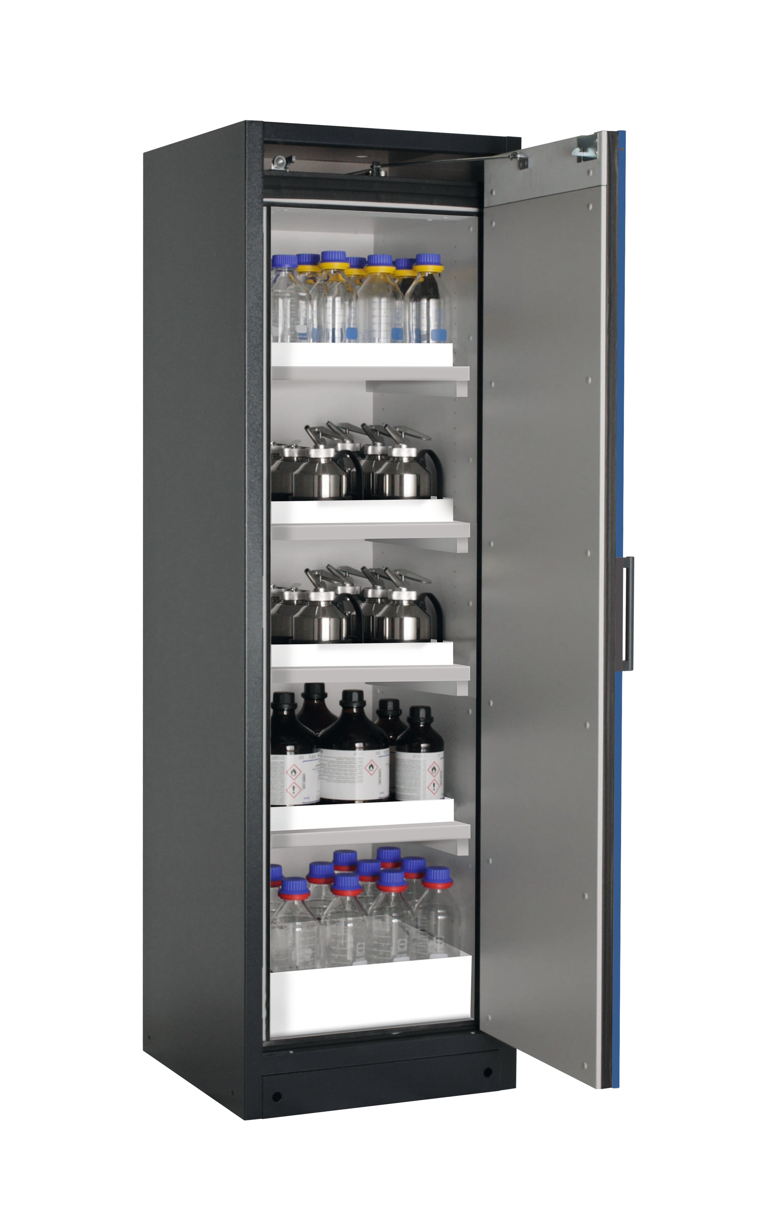 Typ 90 Sicherheitsschrank Q-PEGASUS-90 Modell Q90.195.060.WDACR in enzianblau RAL 5010 mit 4x Wannenboden Standard (Polypropylen)