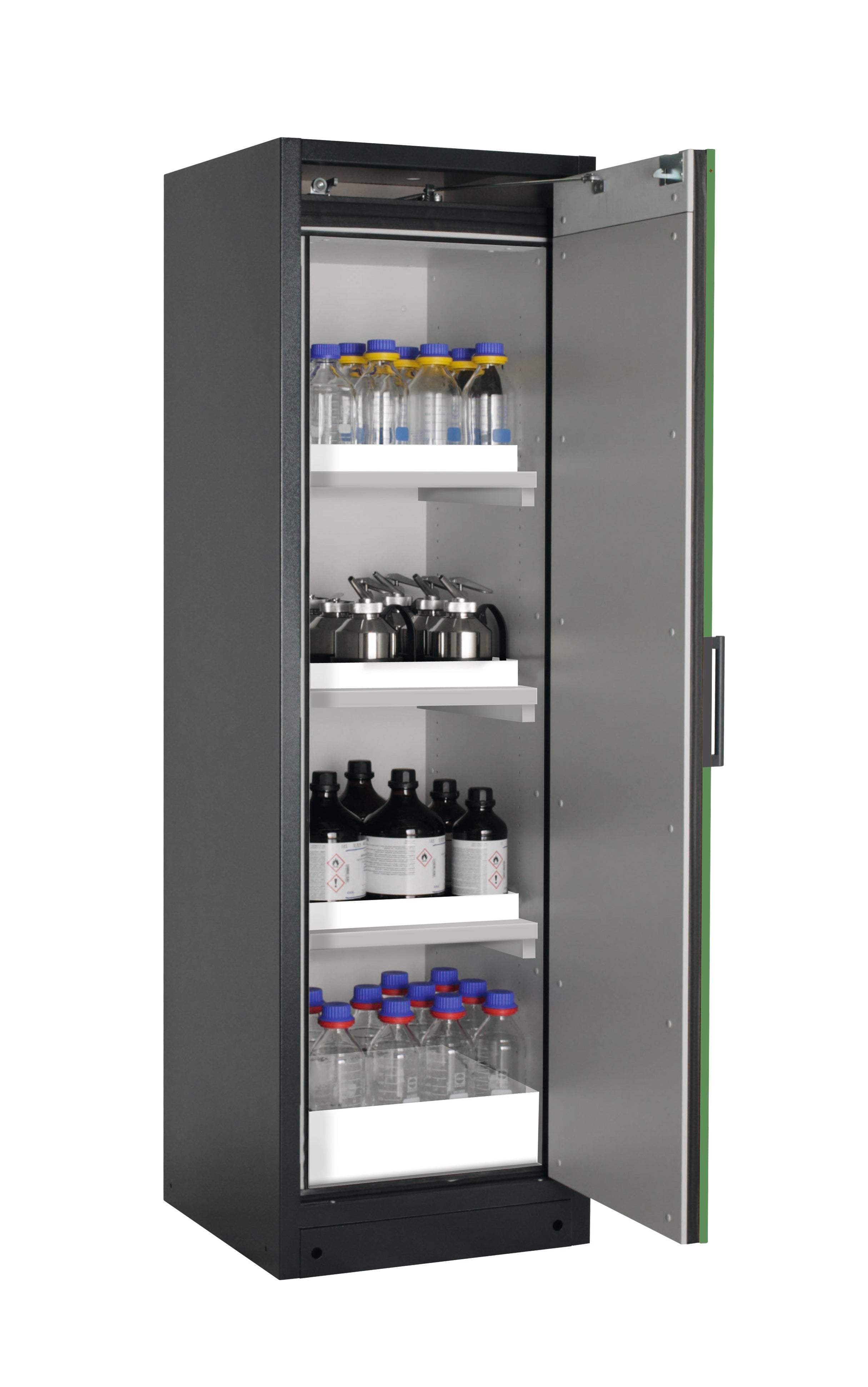 Typ 90 Sicherheitsschrank Q-PEGASUS-90 Modell Q90.195.060.WDACR in resedagrün RAL 6011 mit 3x Wannenboden Standard (Polypropylen)