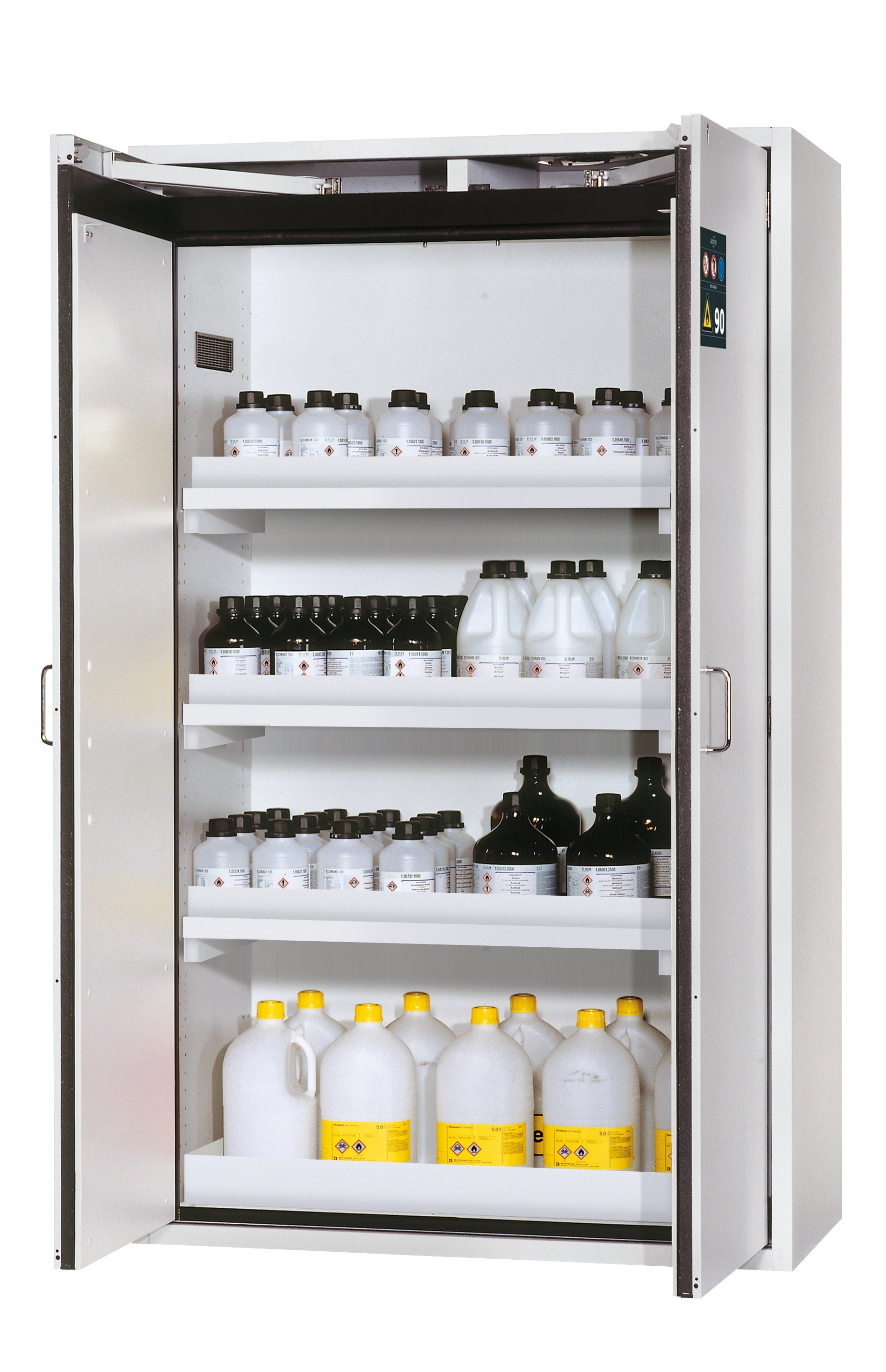 Type 90 Armoires de sécurité S-CLASSIC modèle S90.196.120 en gris clair RAL 7035 avec 3x bacs de rétention au sol standard (polypropylène)