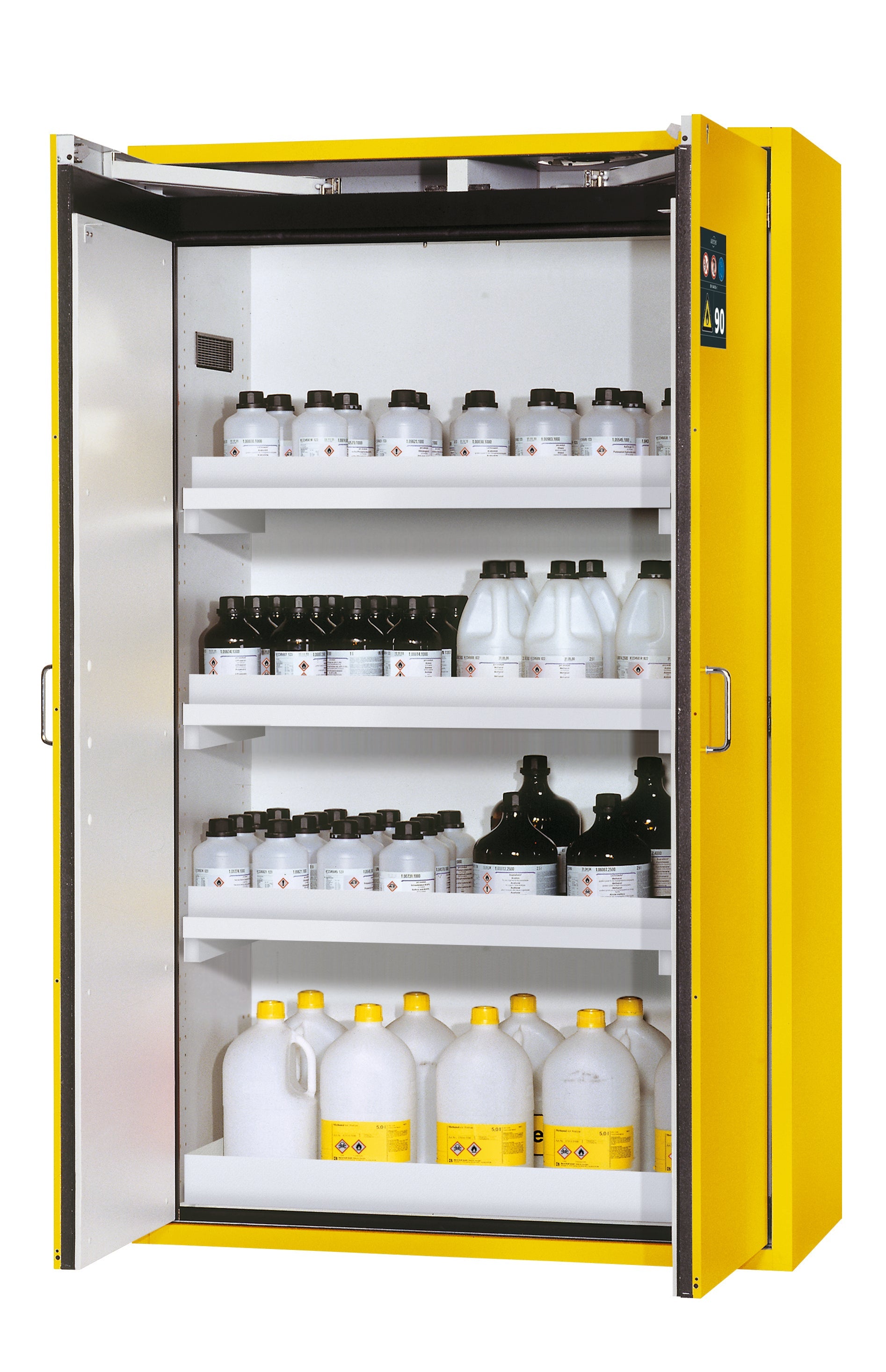 Type 90 safety storage cabinet S-CLASSIC-90 model S90.196.120.WDAS in warning yellow RAL 1004 with 3x tray shelf (standard) (polypropylene),