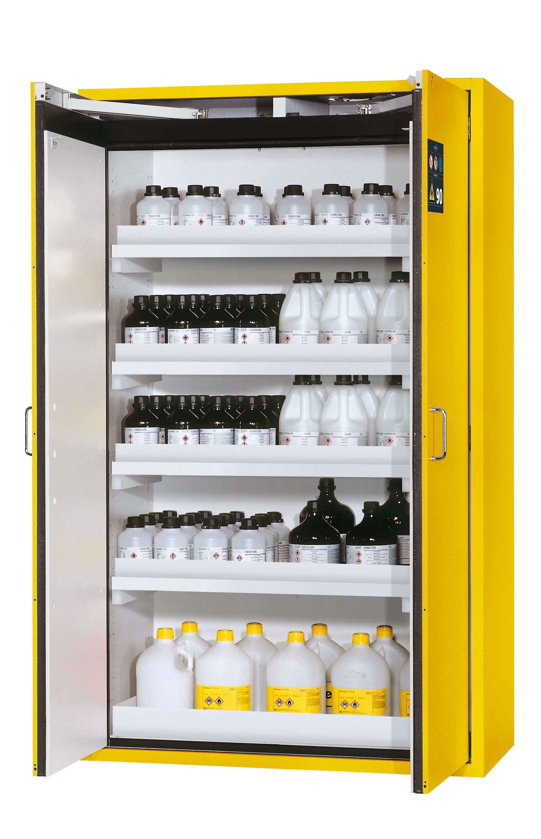 Type 90 safety storage cabinet S-CLASSIC-90 model S90.196.120 in warning yellow RAL 1004 with 4x tray shelf (standard) (polypropylene),