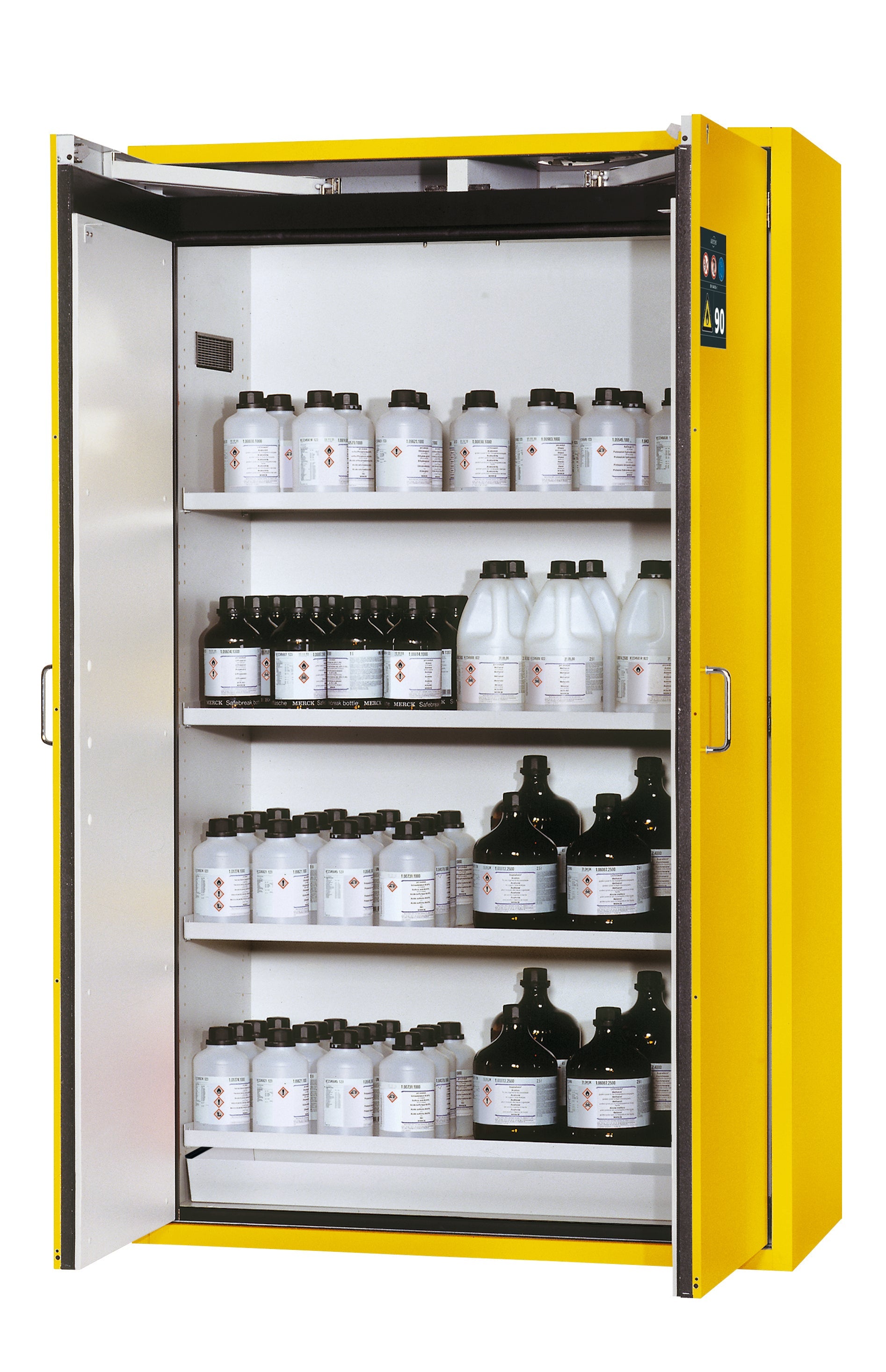 Type 90 safety storage cabinet S-CLASSIC-90 model S90.196.120.WDAS in warning yellow RAL 1004 with 4x shelf standard (sheet steel),