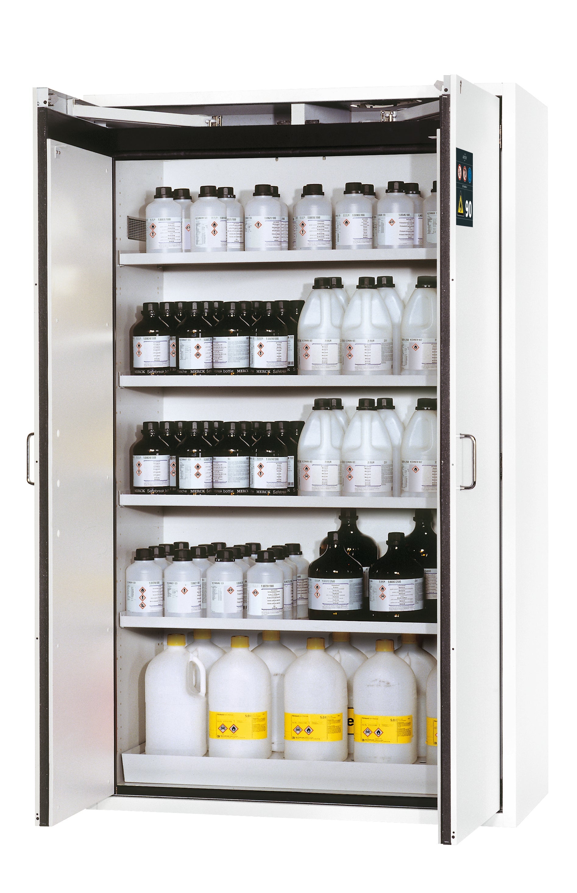 Type 90 safety storage cabinet S-CLASSIC-90 model S90.196.120.WDAS in laboratory white (sim. RAL 9016) with 4x shelf standard (sheet steel),