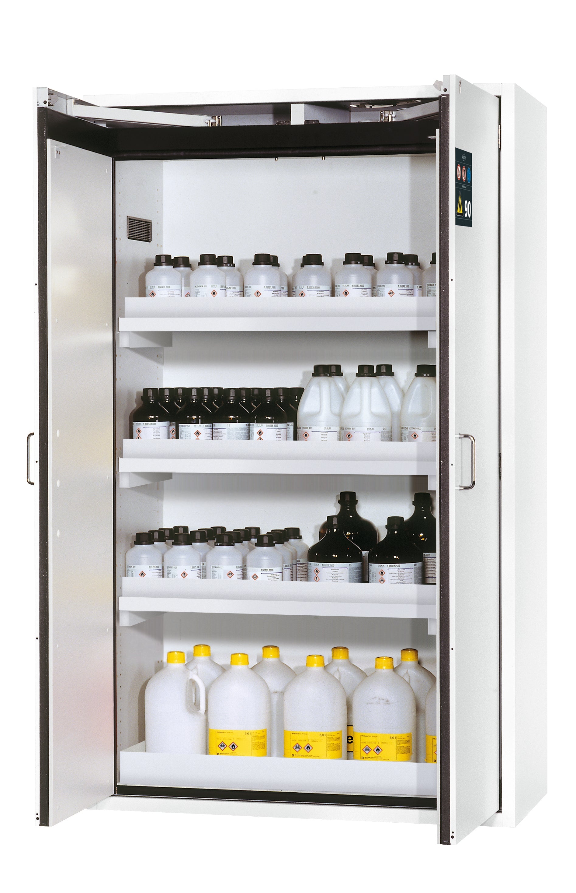 Type 90 safety storage cabinet S-CLASSIC-90 model S90.196.120.WDAS in laboratory white (sim. RAL 9016) with 3x tray shelf (standard) (polypropylene),