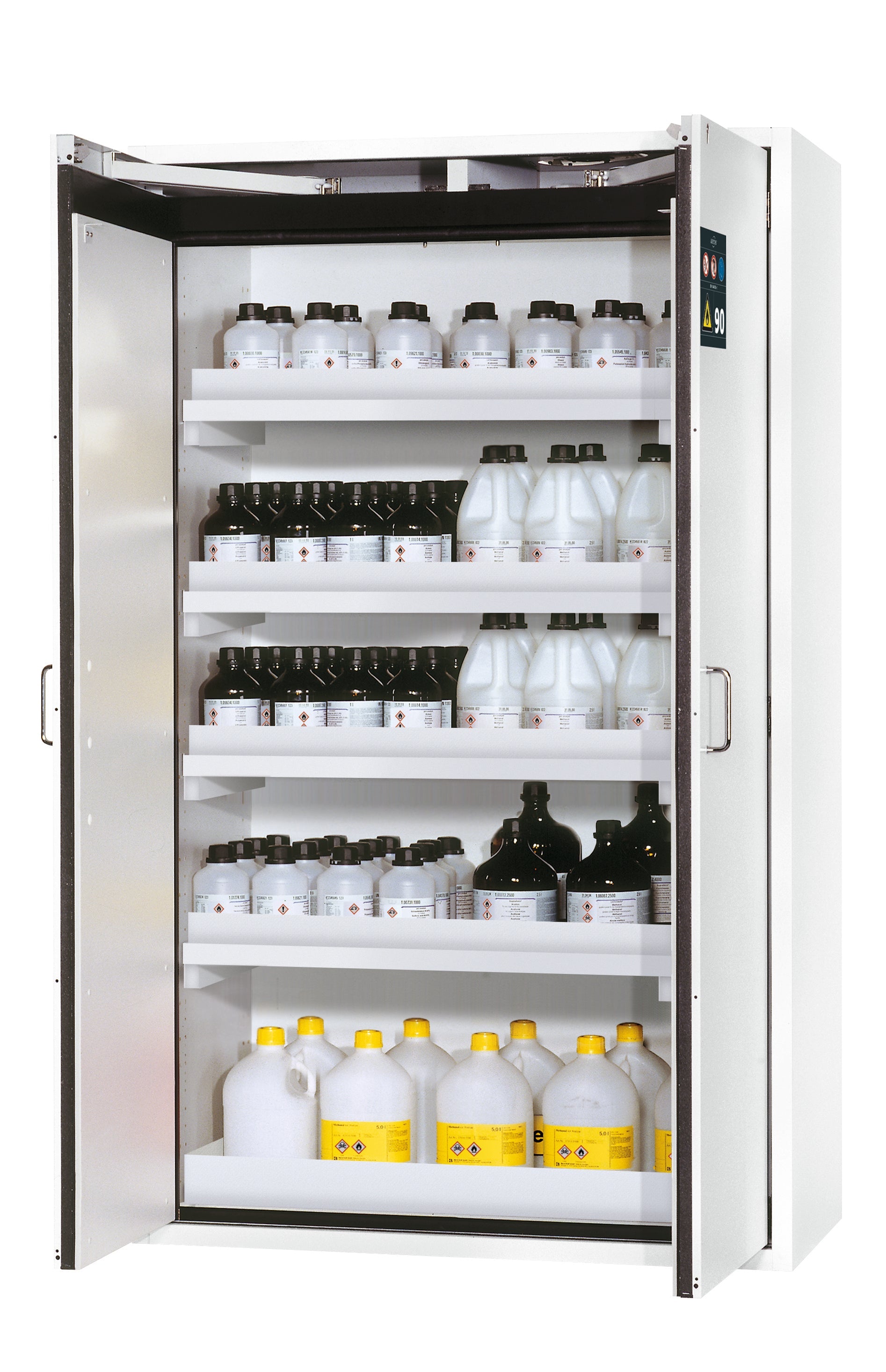 Type 90 safety storage cabinet S-CLASSIC-90 model S90.196.120.WDAS in laboratory white (sim. RAL 9016) with 4x tray shelf (standard) (polypropylene),