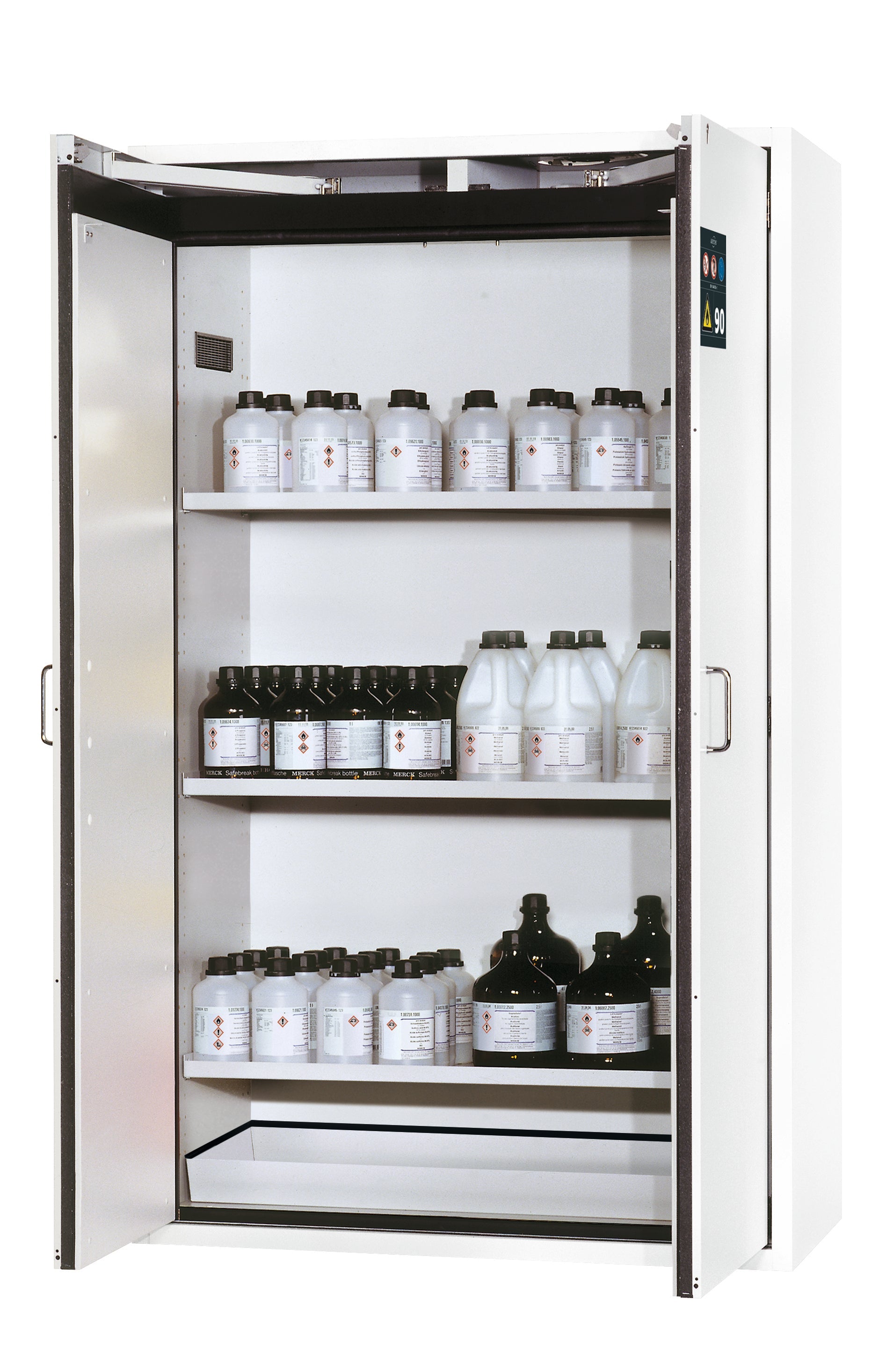 Type 90 safety storage cabinet S-CLASSIC-90 model S90.196.120.WDAS in laboratory white (sim. RAL 9016) with 3x shelf standard (sheet steel),