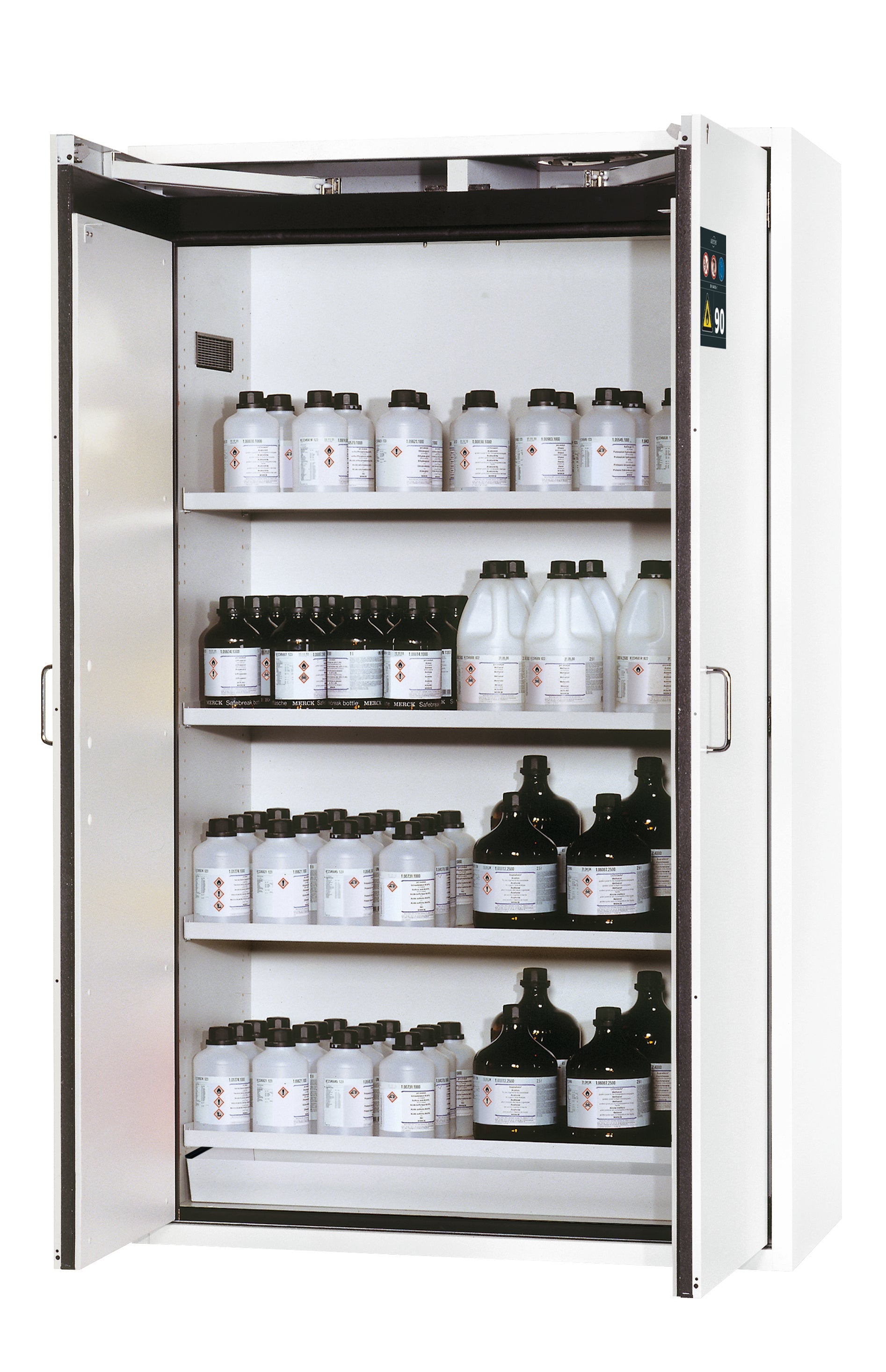 Type 90 safety storage cabinet S-CLASSIC-90 model S90.196.120.WDAS in laboratory white (sim. RAL 9016) with 4x shelf standard (sheet steel),