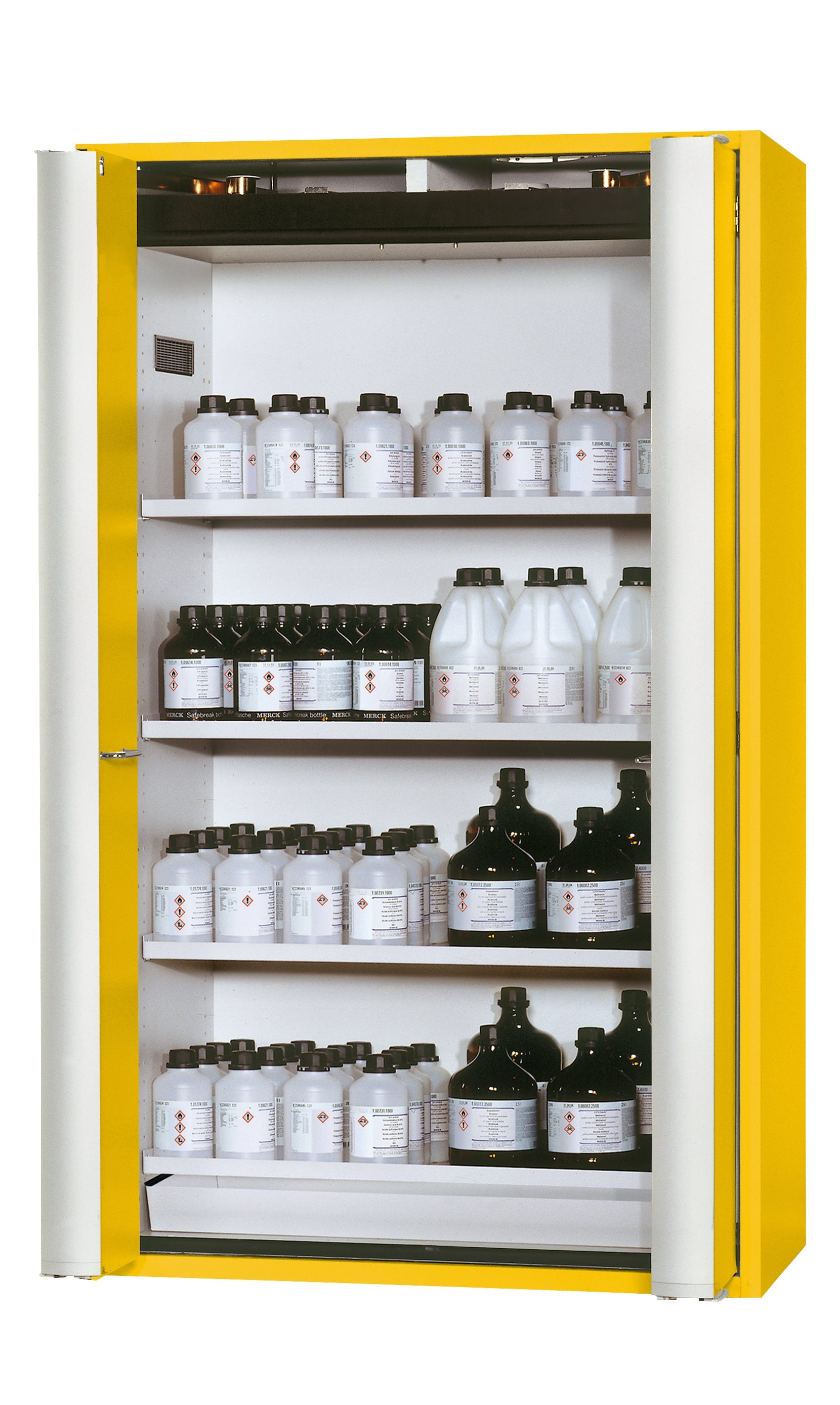 Typ 90 Sicherheitsschrank S-PHOENIX-90 Modell S90.196.120.FDAS in sicherheitsgelb RAL 1004 mit 4x Fachboden Standard (Stahlblech)