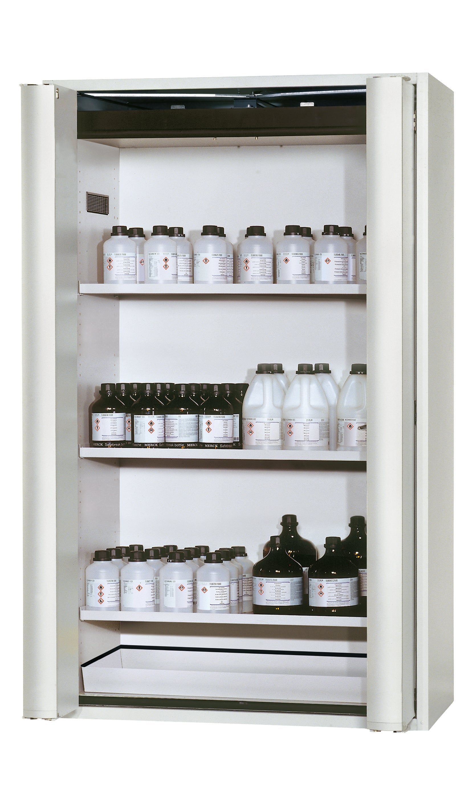 Type 90 safety storage cabinet S-PHOENIX Vol.2-90 model S90.196.120.FDAC in light grey RAL 7035 with 3x shelf standard (sheet steel),