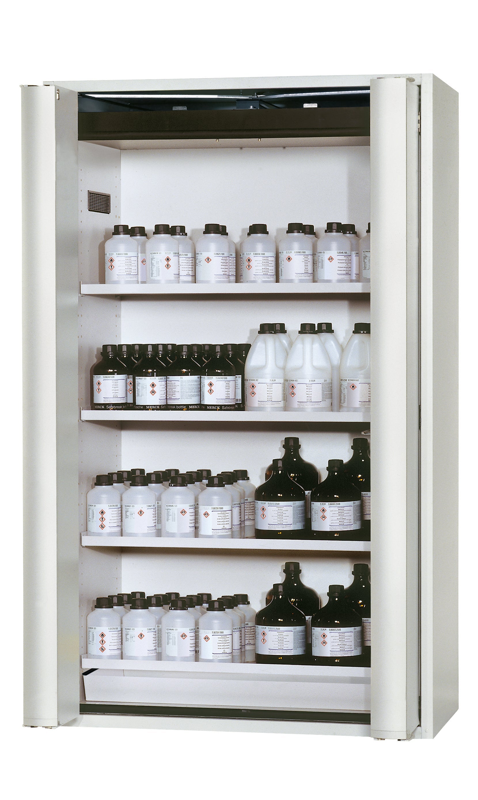 Type 90 safety storage cabinet S-PHOENIX Vol.2-90 model S90.196.120.FDAC in light grey RAL 7035 with 4x shelf standard (sheet steel),