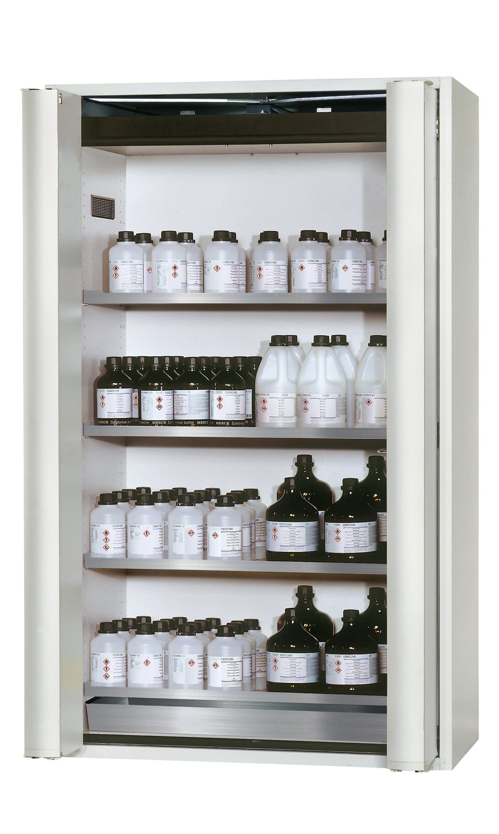 Type 90 safety storage cabinet S-PHOENIX Vol.2-90 model S90.196.120.FDAC in light grey RAL 7035 with 4x shelf standard (stainless steel 1.4301),