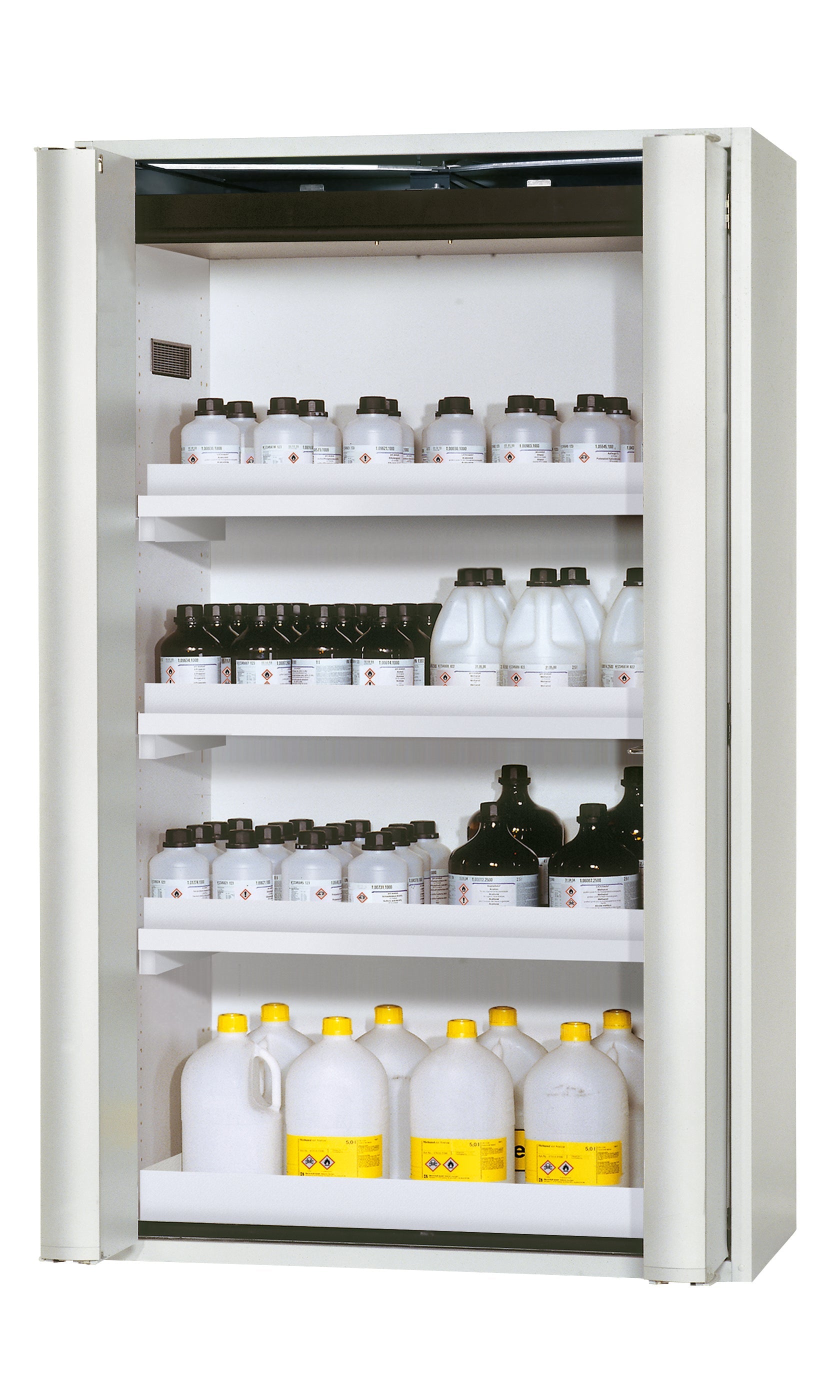 Type 90 safety storage cabinet S-PHOENIX Vol.2-90 model S90.196.120.FDAC in light grey RAL 7035 with 3x tray shelf (standard) (polypropylene),