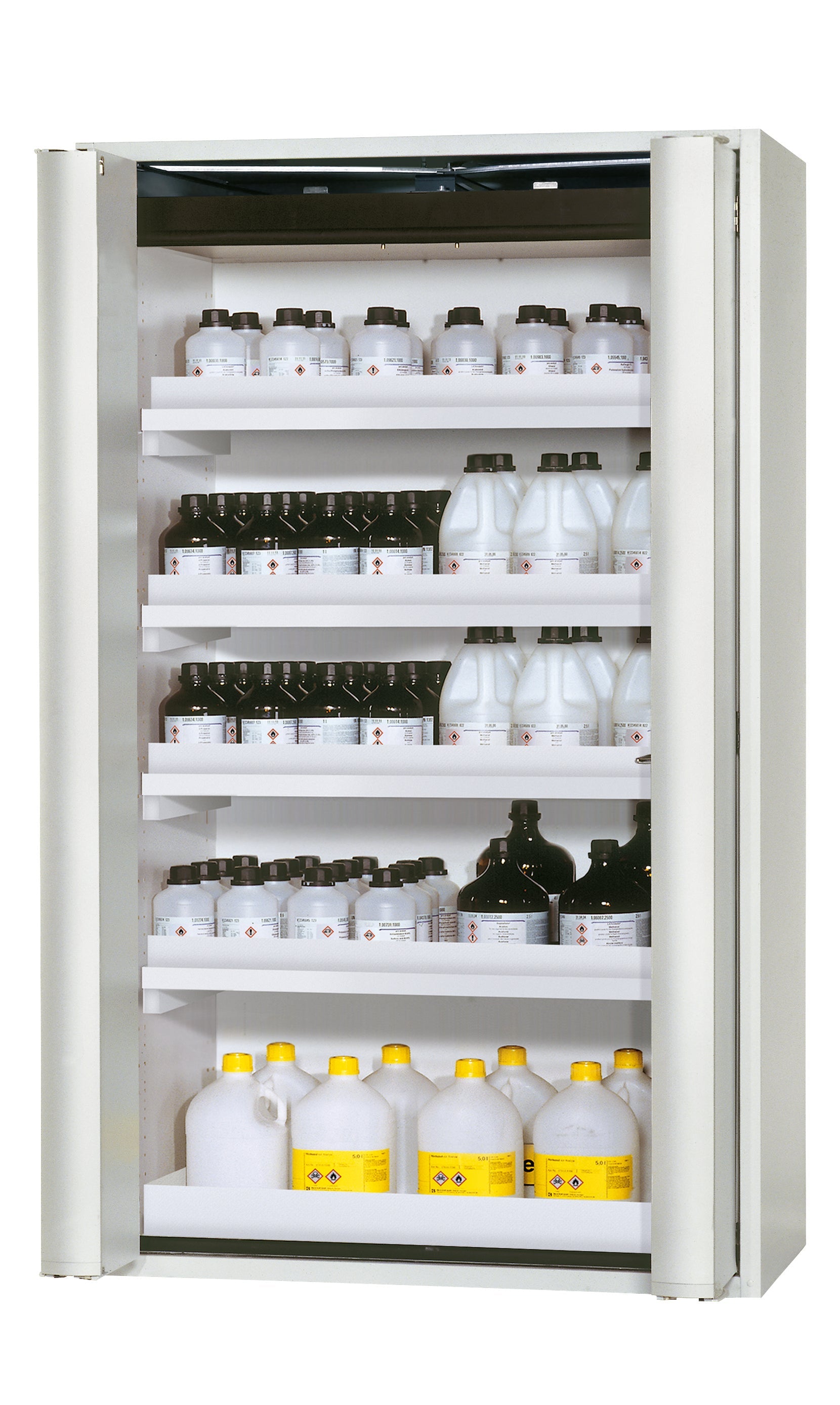 Type 90 safety storage cabinet S-PHOENIX Vol.2-90 model S90.196.120.FDAC in light grey RAL 7035 with 4x tray shelf (standard) (polypropylene),