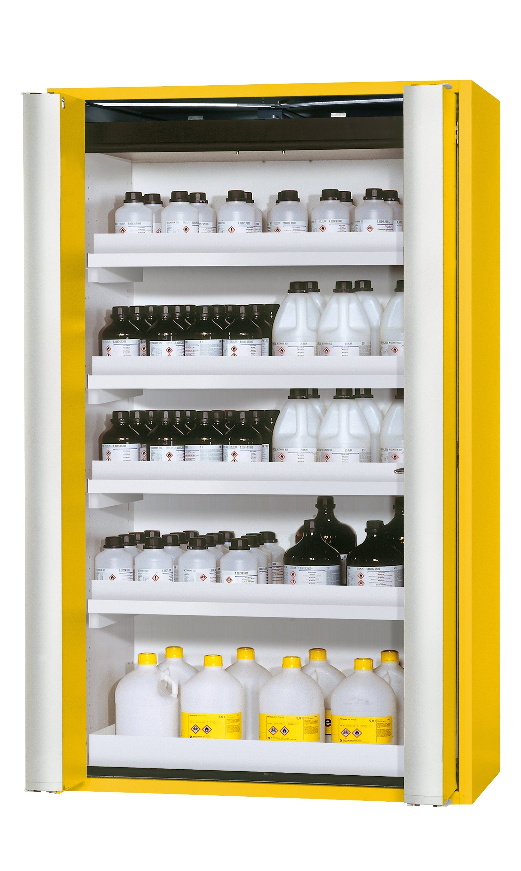 Armoire de sécurité type 90 S-PHOENIX Vol.2-90 modèle S90.196.120.FDAC en jaune de sécurité RAL 1004 avec 4x base de plateau standard (polypropylène)