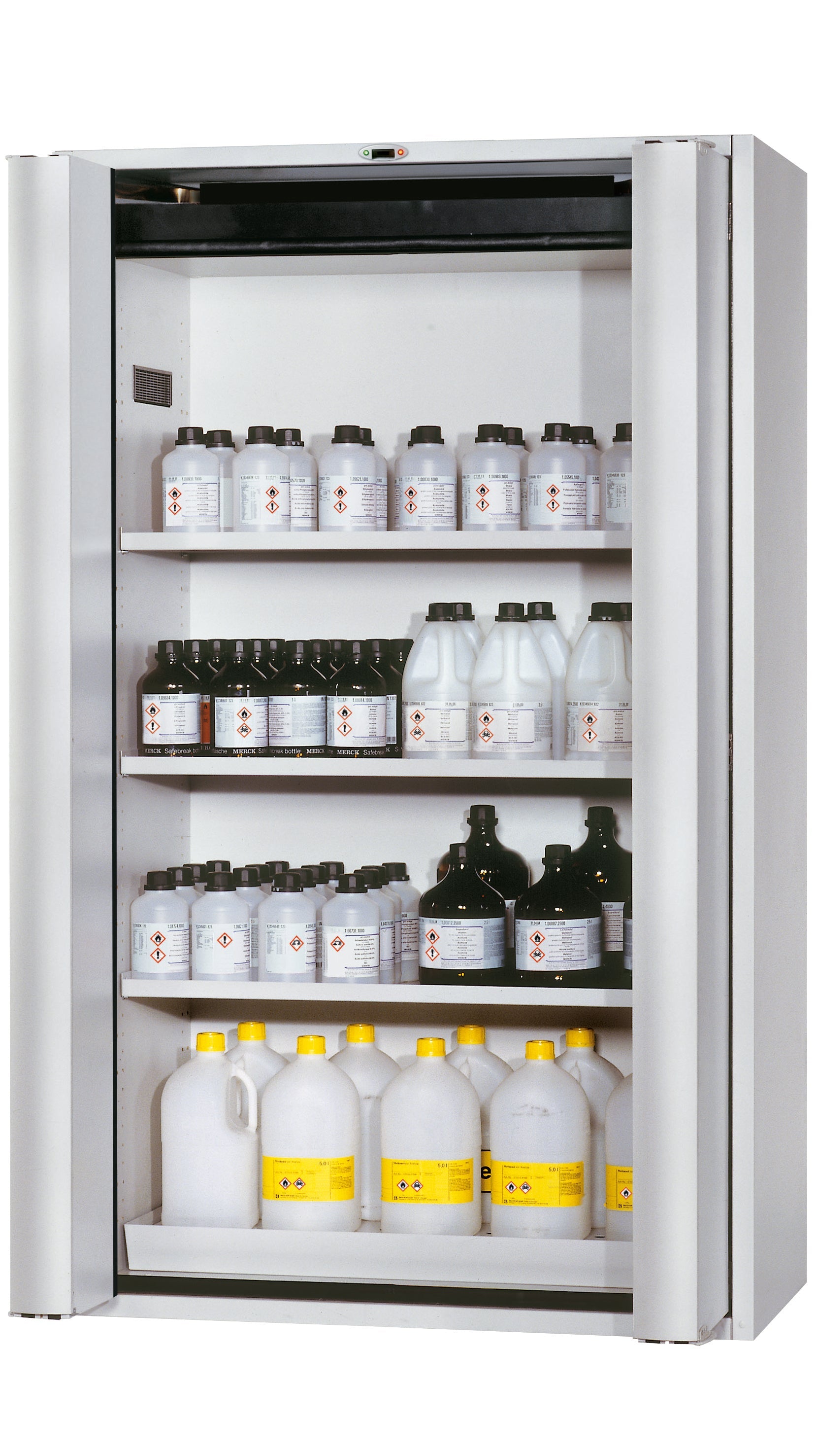 Type 90 safety cabinet S-PHOENIX touchless-90 model S90.196.120.FDAO in light gray RAL 7035 with 3x standard shelves (sheet steel)