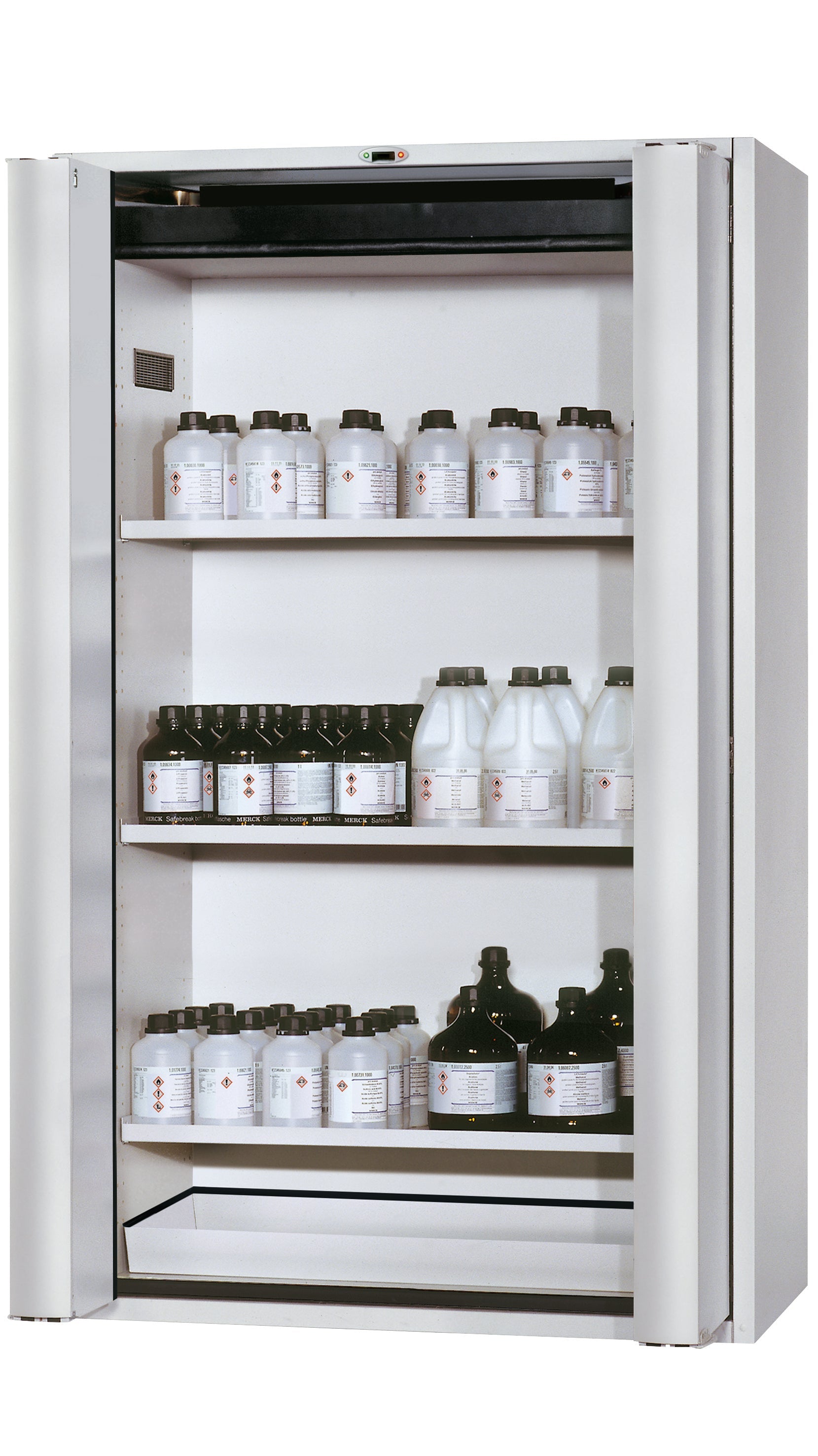 Type 90 safety cabinet S-PHOENIX touchless-90 model S90.196.120.FDAO in light gray RAL 7035 with 3x standard shelves (sheet steel)