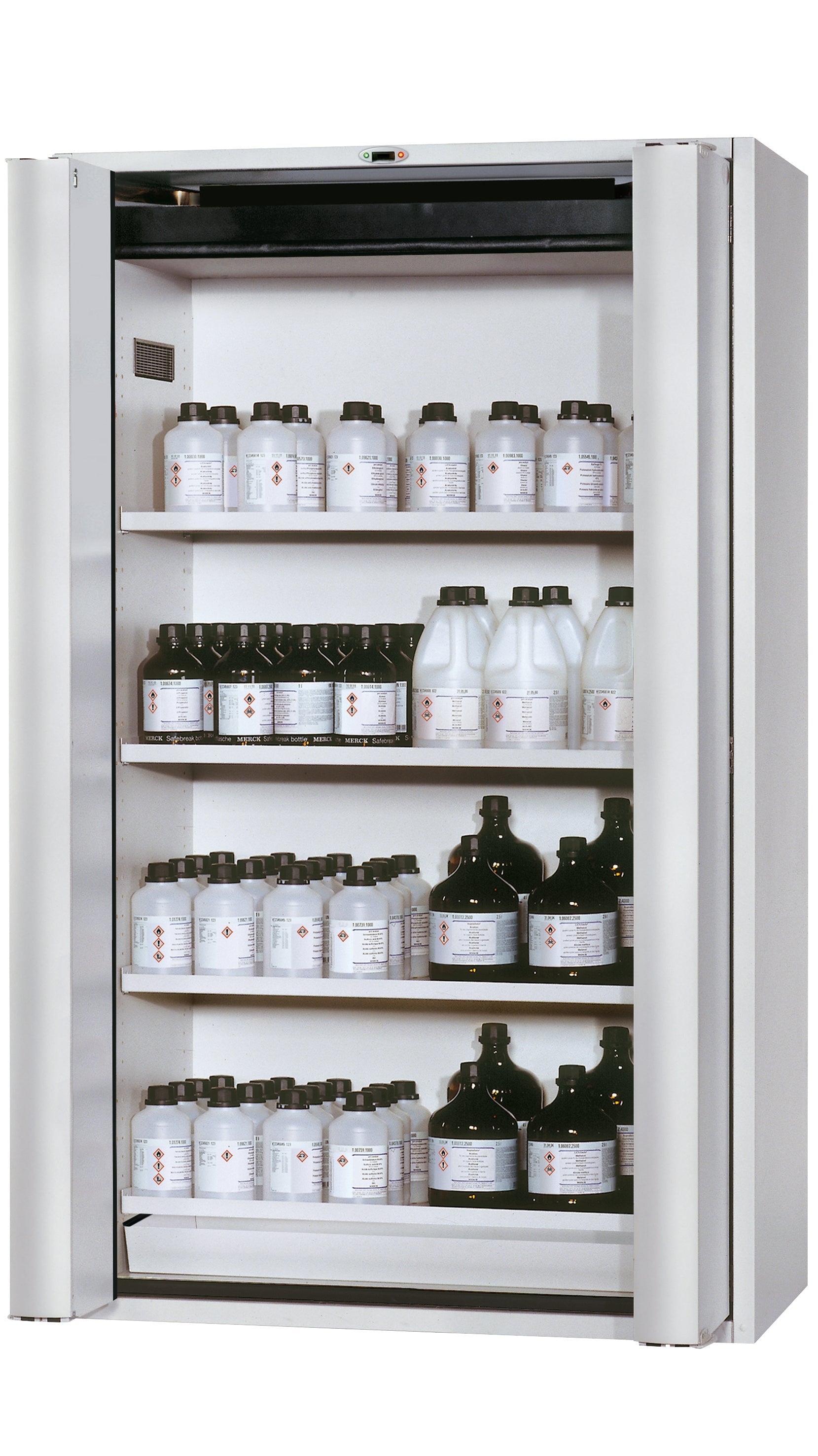 Type 90 safety cabinet S-PHOENIX touchless-90 model S90.196.120.FDAO in light gray RAL 7035 with 4x standard shelves (sheet steel)