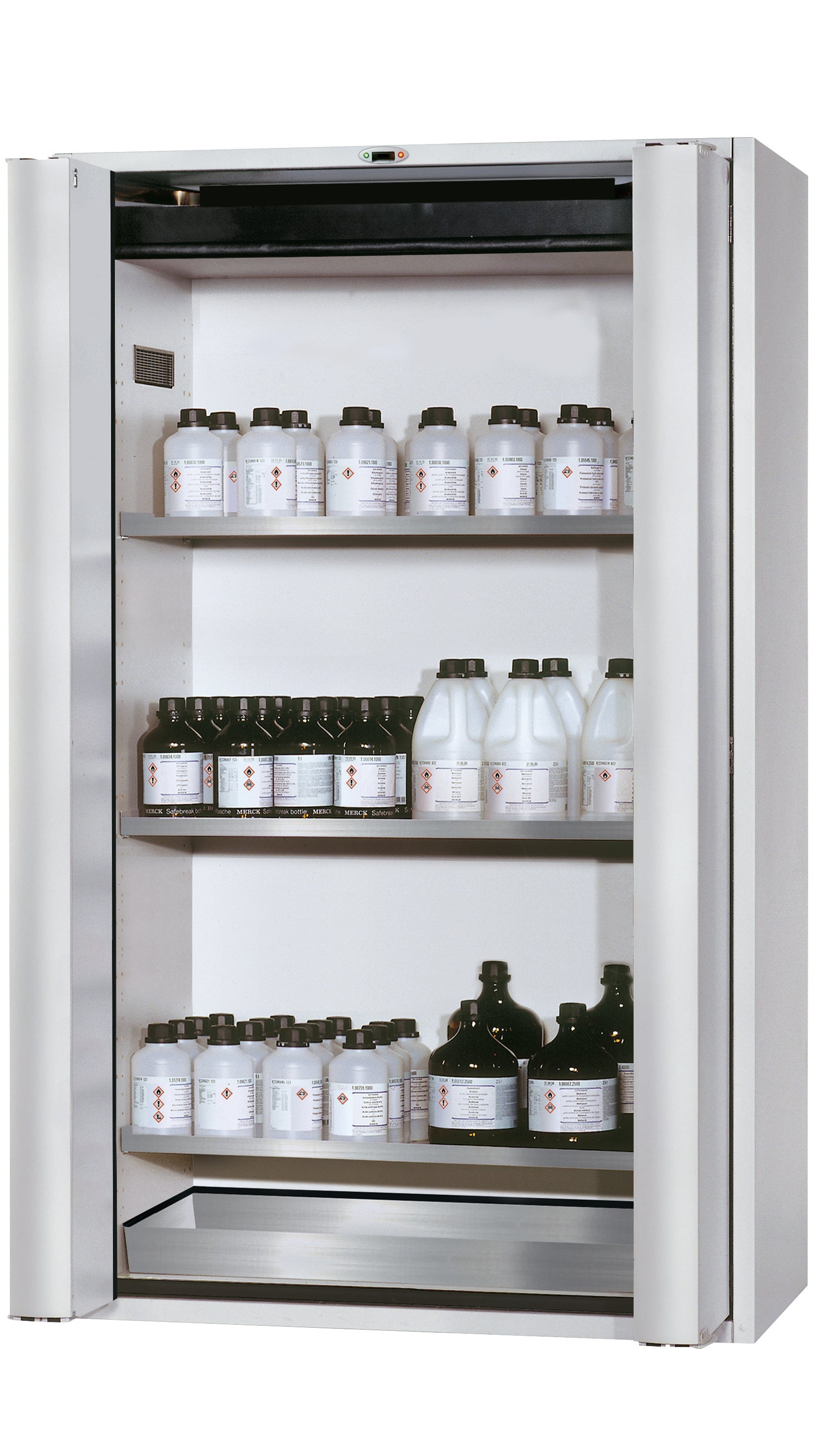 Type 90 safety cabinet S-PHOENIX touchless-90 model S90.196.120.FDAO in light gray RAL 7035 with 3x standard shelves (stainless steel 1.4301)