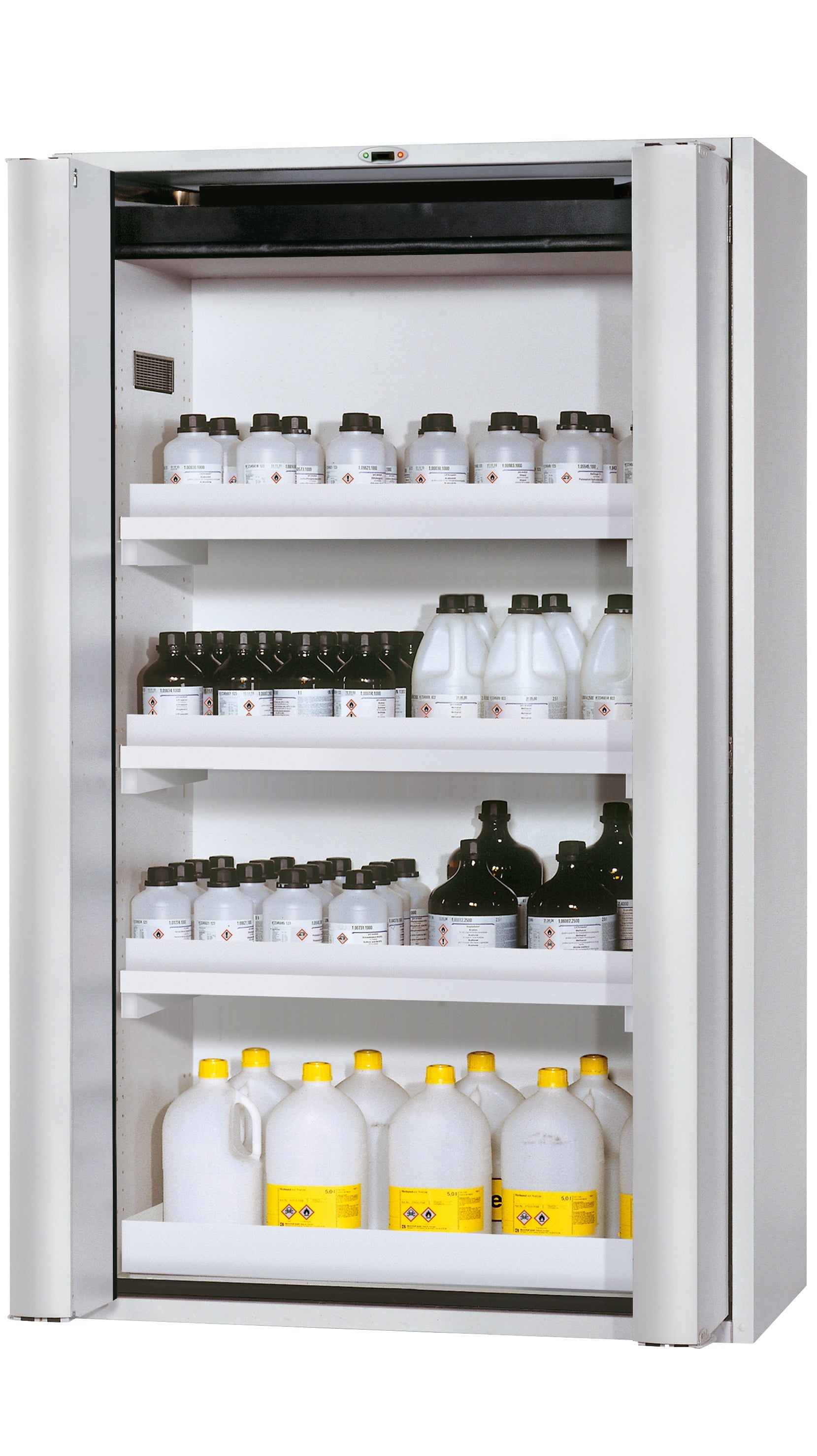 Type 90 safety cabinet S-PHOENIX touchless-90 model S90.196.120.FDAO in light gray RAL 7035 with 3x standard tray base (polypropylene)