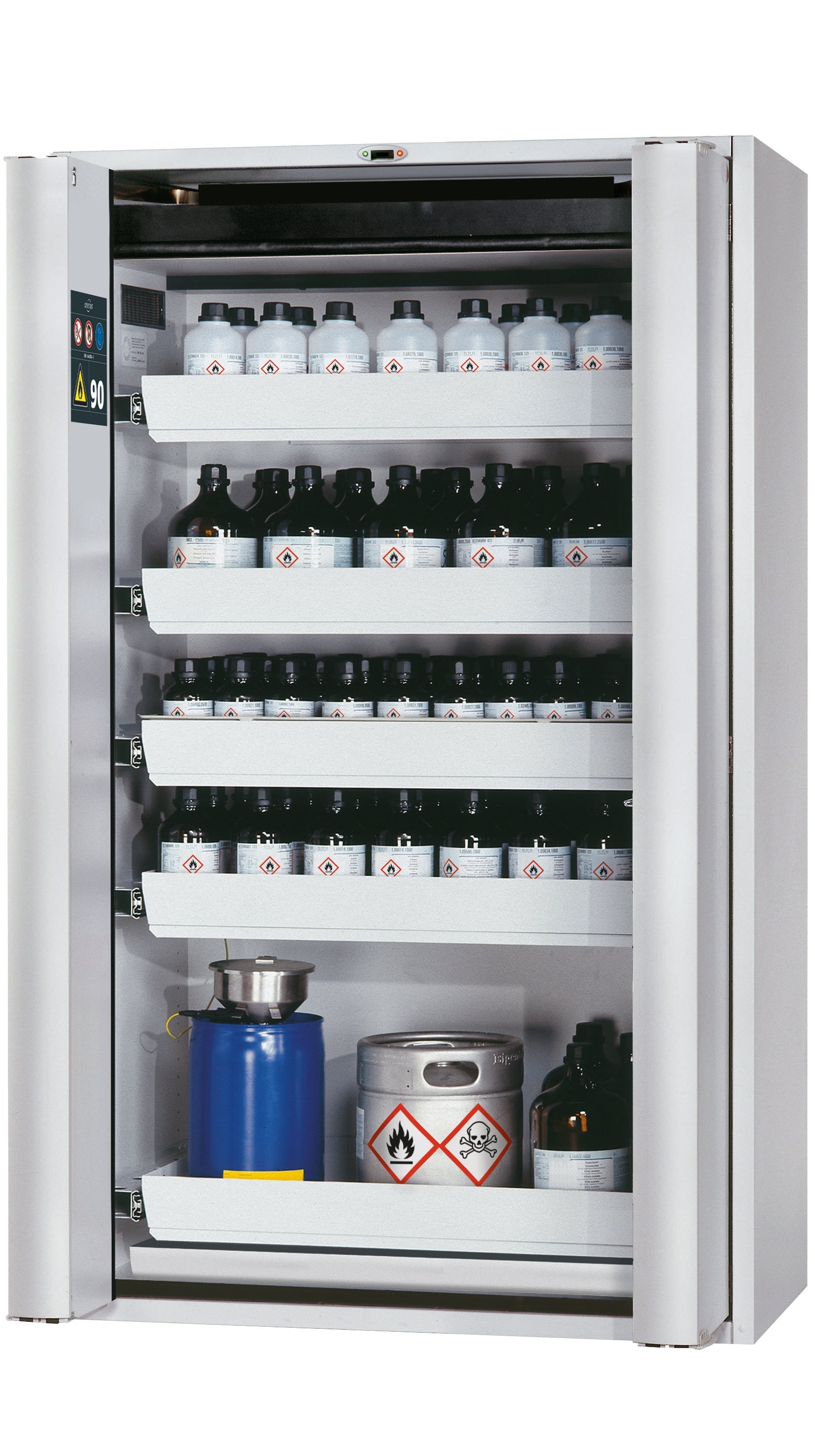 Type 90 safety cabinet S-PHOENIX touchless-90 model S90.196.120.FDAO in light gray RAL 7035 with 5x standard pull-out tray (sheet steel)