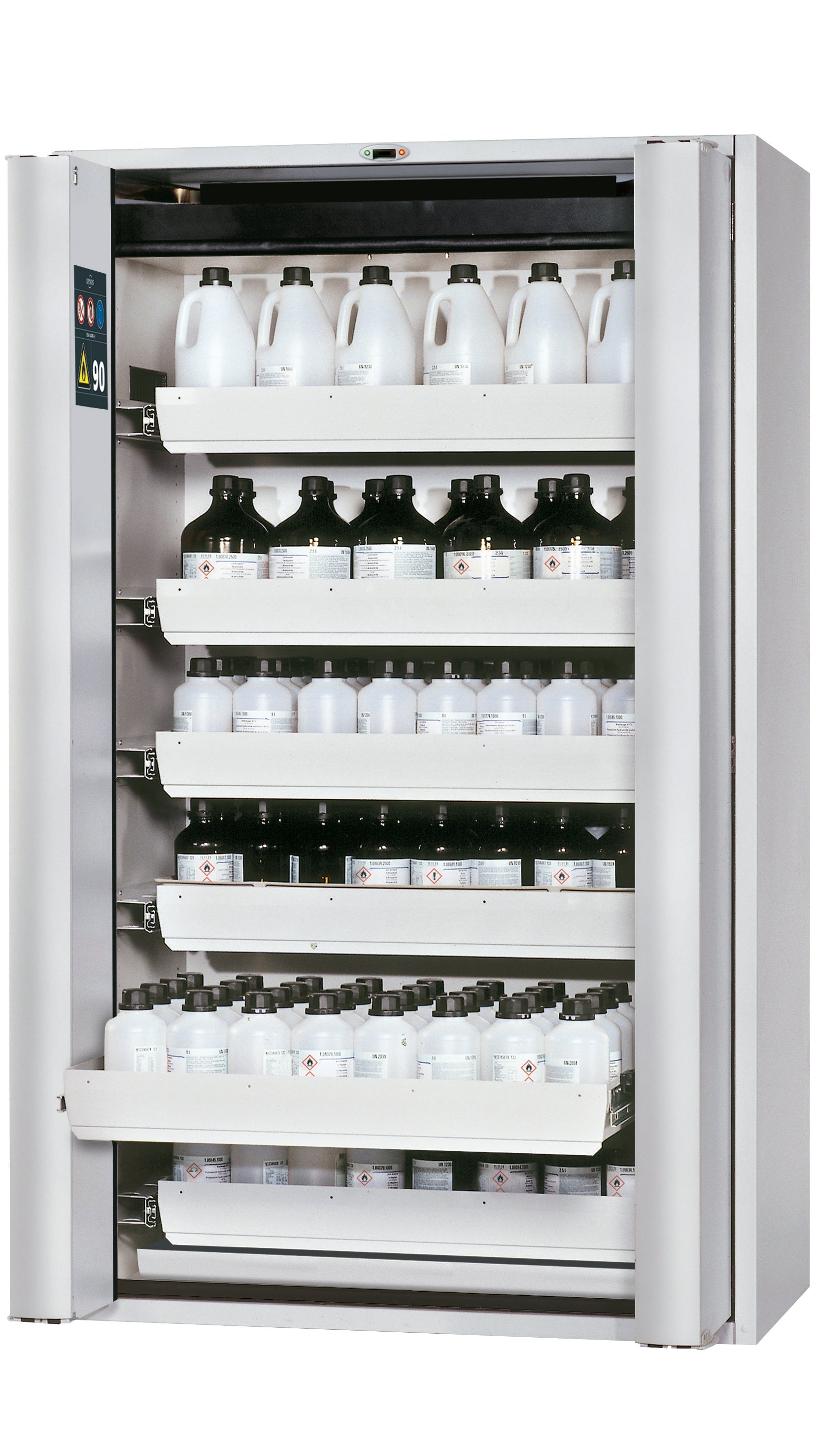 Type 90 safety cabinet S-PHOENIX touchless-90 model S90.196.120.FDAO in light gray RAL 7035 with 6x standard pull-out tray (stainless steel 1.4301)