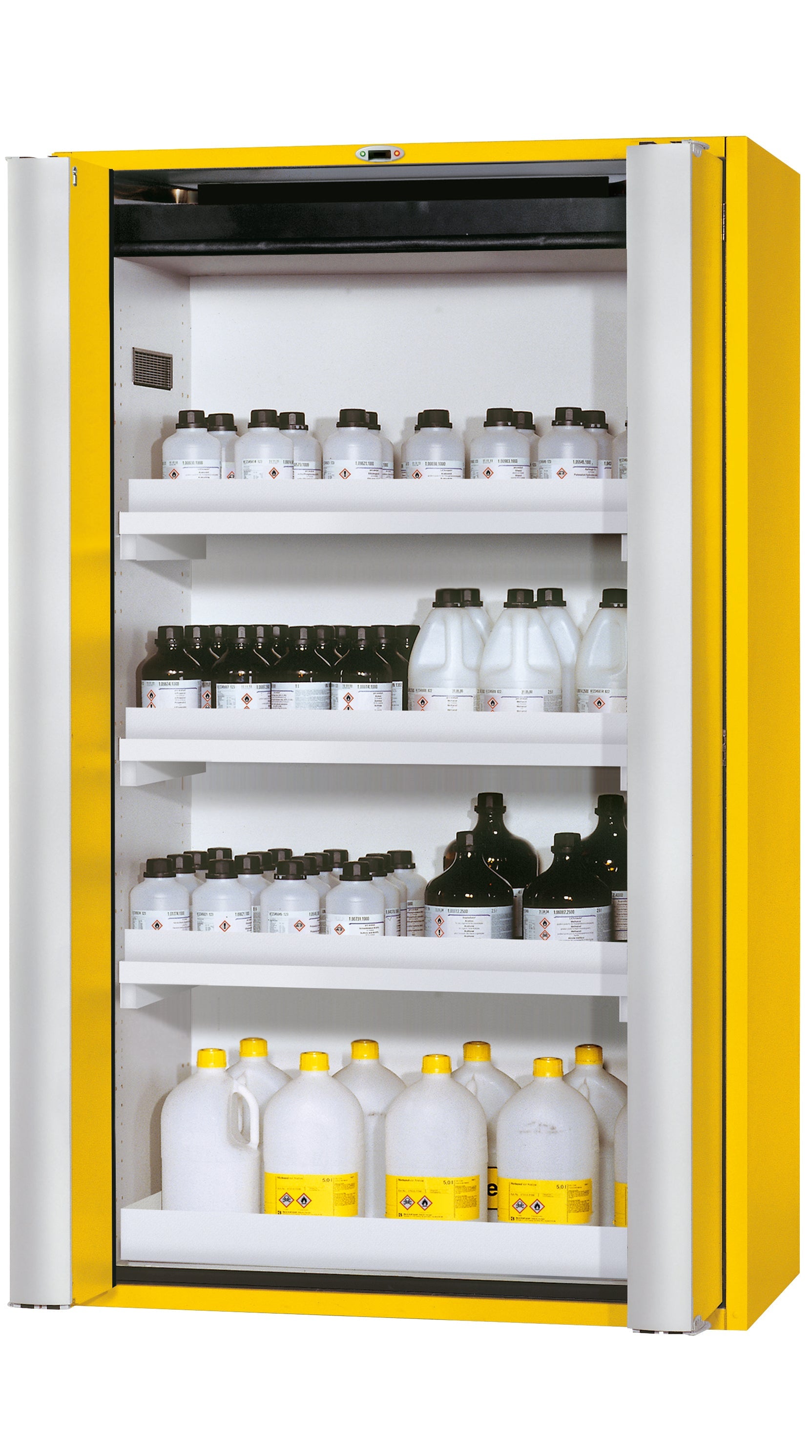 Type 90 safety cabinet S-PHOENIX touchless-90 model S90.196.120.FDAO in safety yellow RAL 1004 with 3x standard tray base (polypropylene)