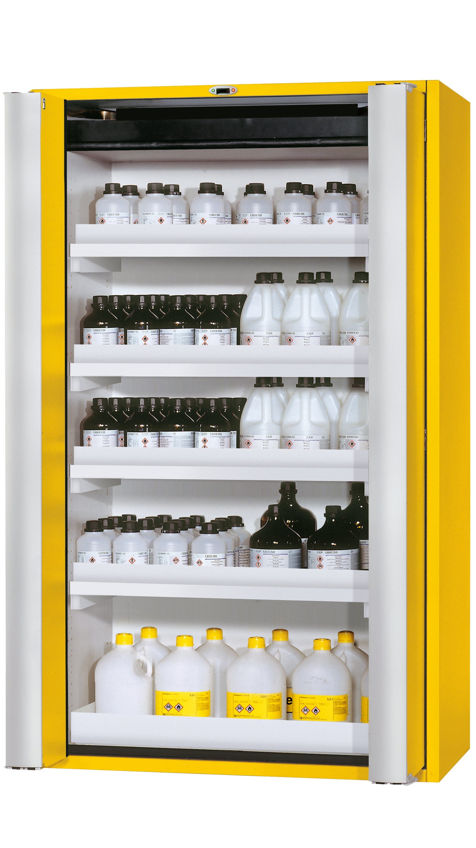Type 90 safety cabinet S-PHOENIX touchless-90 model S90.196.120.FDAO in safety yellow RAL 1004 with 4x standard tray base (polypropylene)