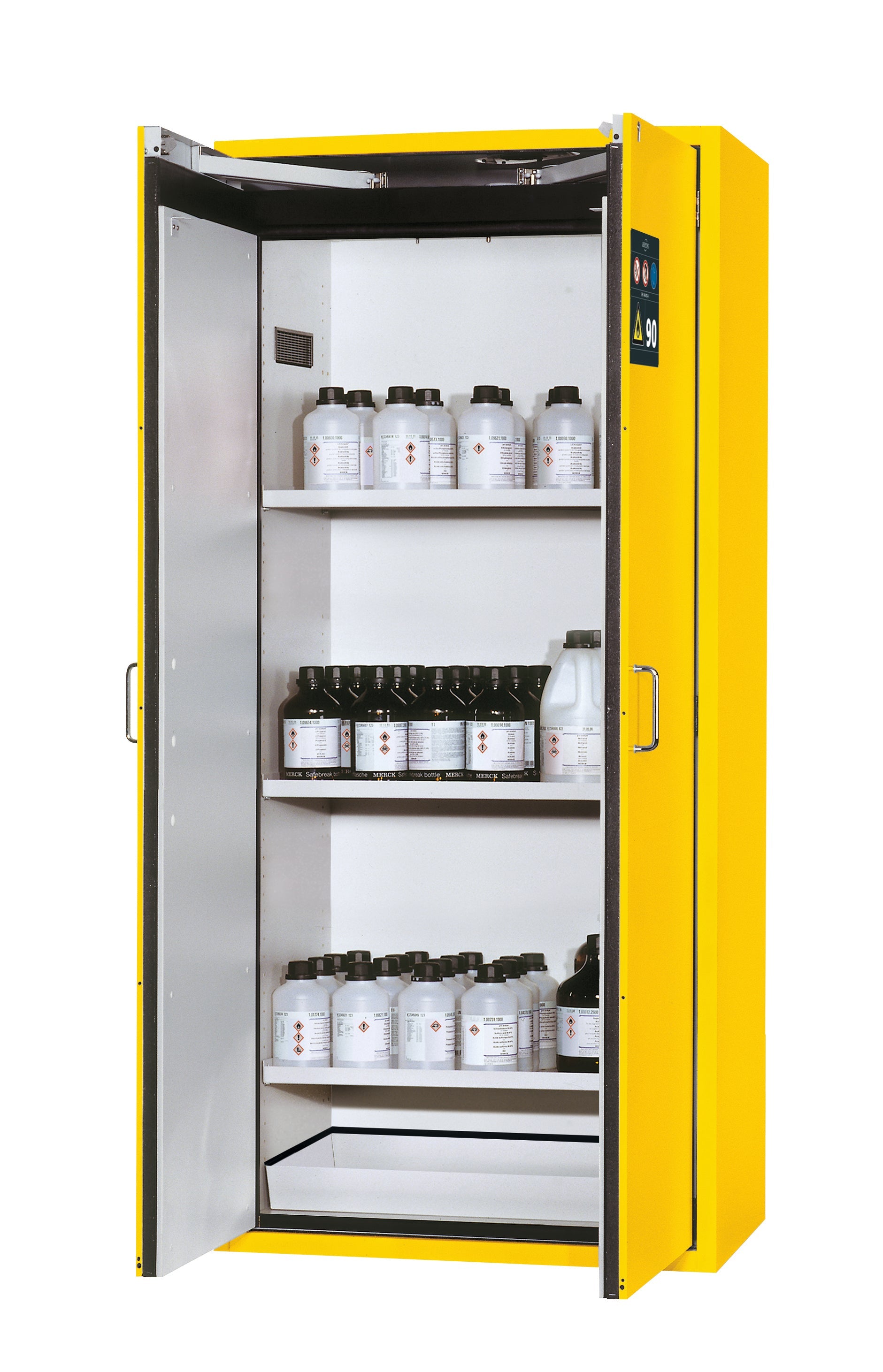 Armoire de sécurité type 90 S-CLASSIC-90 modèle S90.196.090 en jaune de sécurité RAL 1004 avec 3 étagères standard (tôle d'acier)