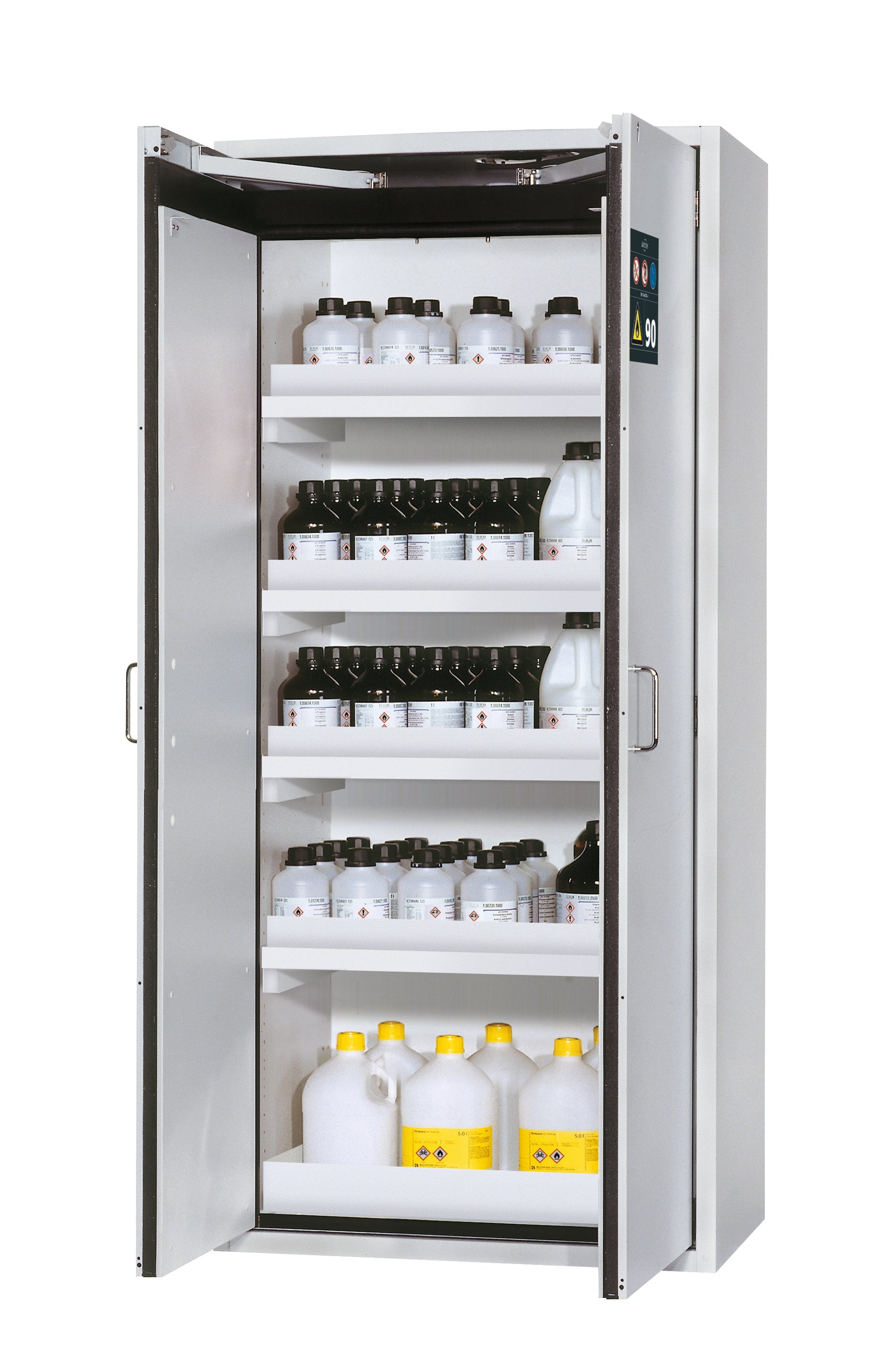 Armoire de sécurité type 90 S-CLASSIC-90 modèle S90.196.090.WDAS en gris clair RAL 7035 avec 4x pieds de plateau standard (polypropylène)