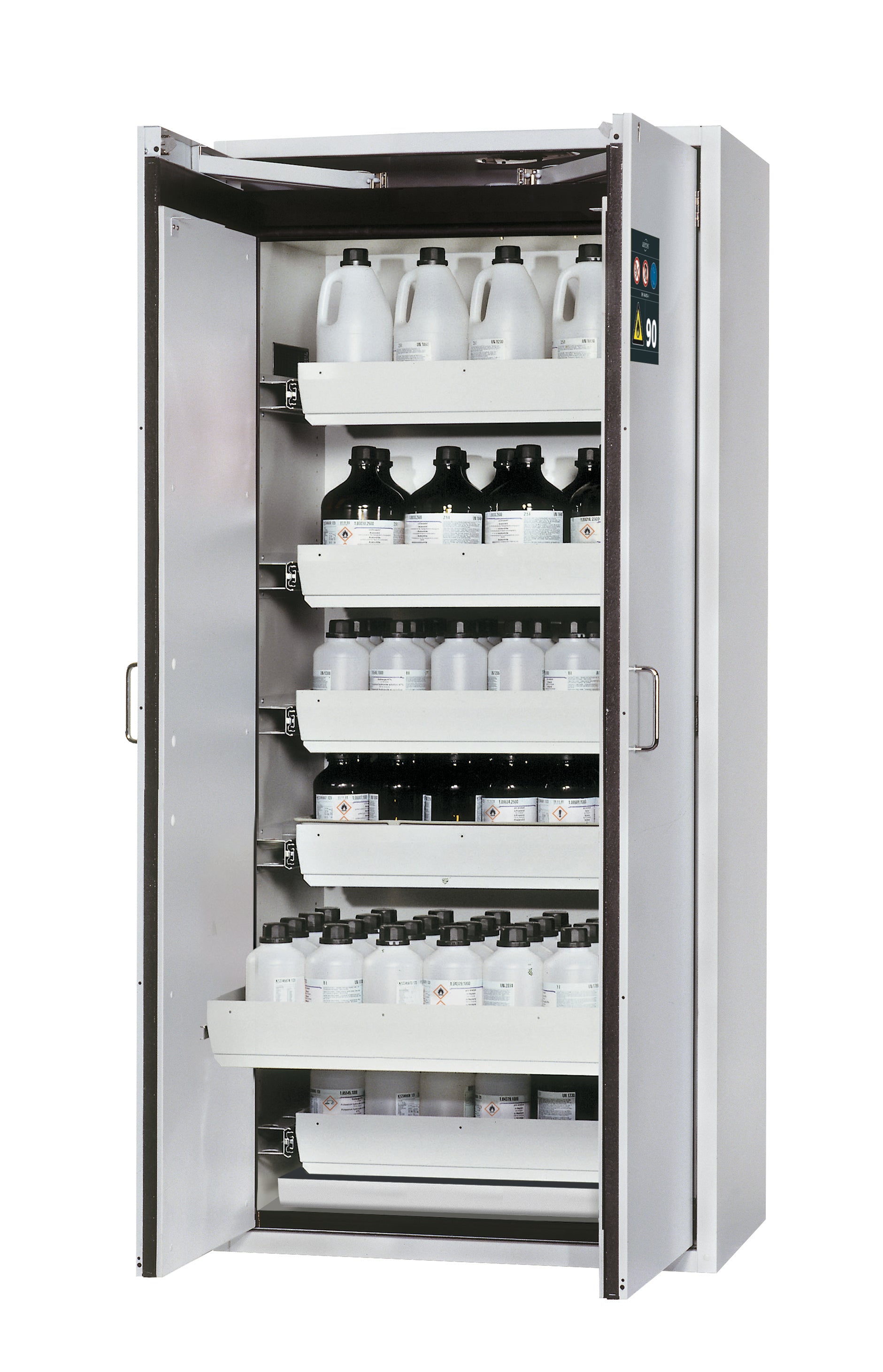 Armoire de sécurité type 90 S-CLASSIC-90 modèle S90.196.090.WDAS en gris clair RAL 7035 avec 6 plateaux coulissants standard (tôle d'acier)