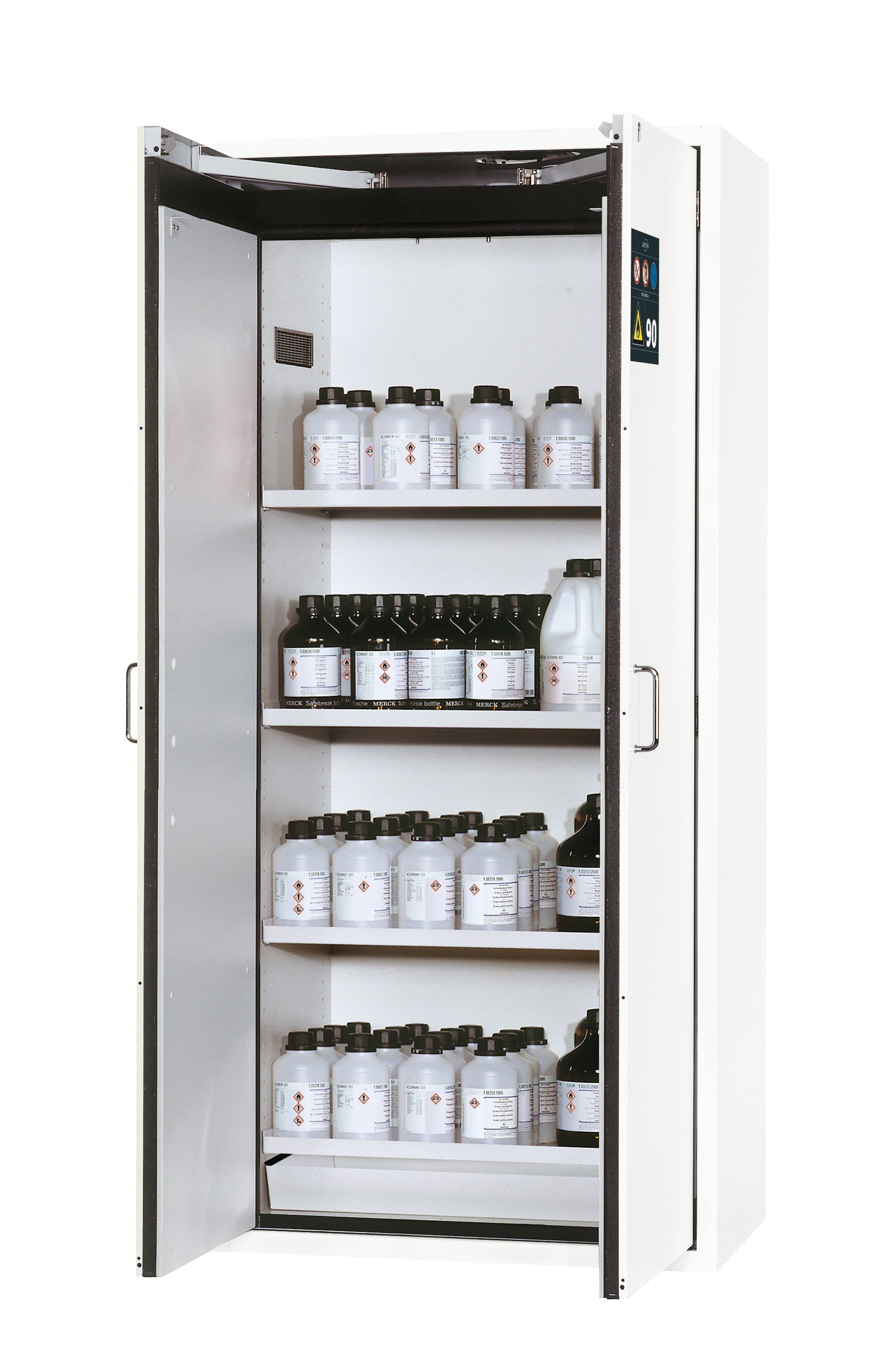 Armoire de sécurité type 90 S-CLASSIC-90 modèle S90.196.090.WDAS en blanc de laboratoire (similaire à RAL 9016) avec 4x étagères standard (tôle d'acier)