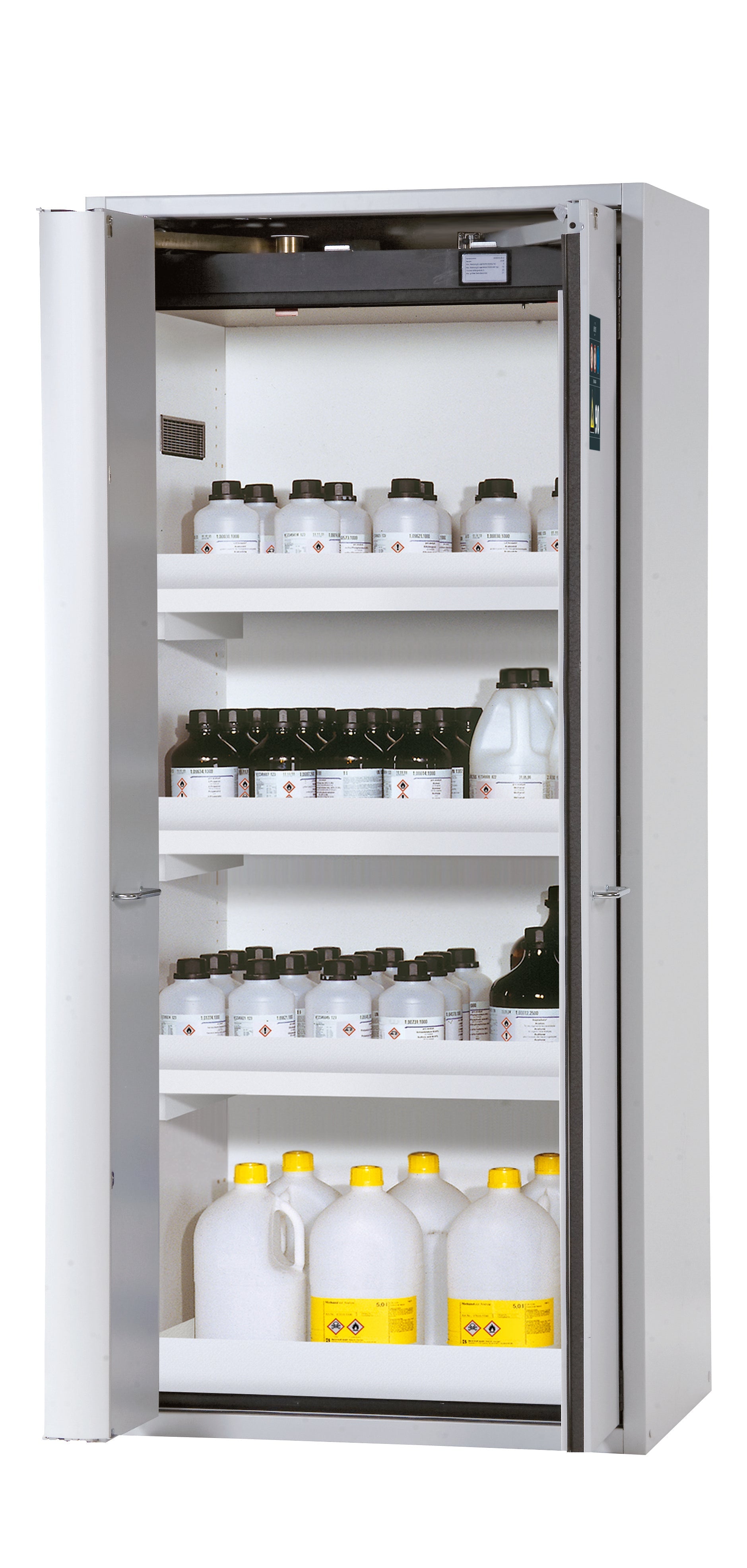 Type 90 safety cabinet S-PHOENIX-90 model S90.196.090.FWAS in light gray RAL 7035 with 3x standard tray base (polypropylene)