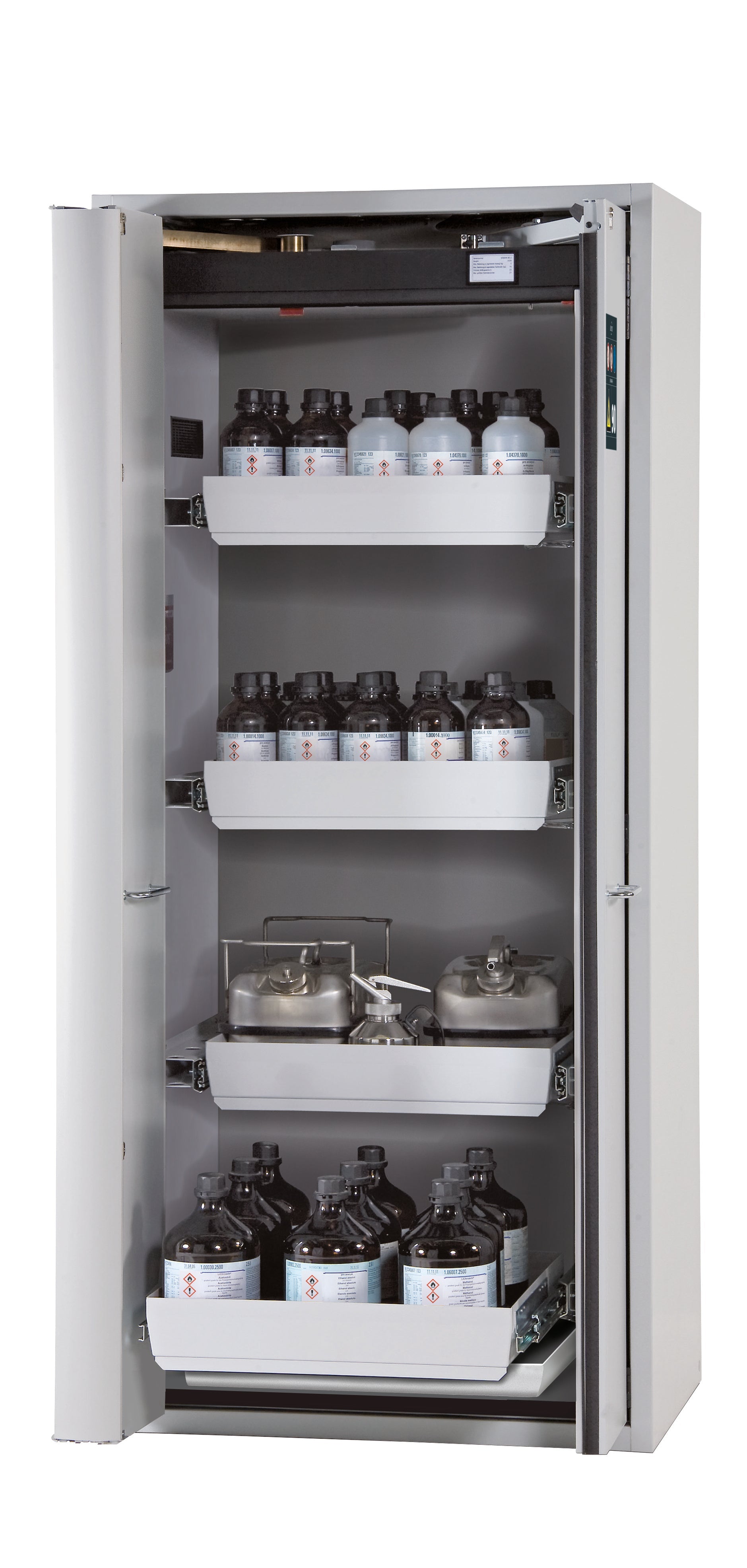 Typ 90 Sicherheitsschrank S-PHOENIX-90 Modell S90.196.090.FWAS in lichtgrau RAL 7035 mit 4x Auszugswanne Standard (Stahlblech)