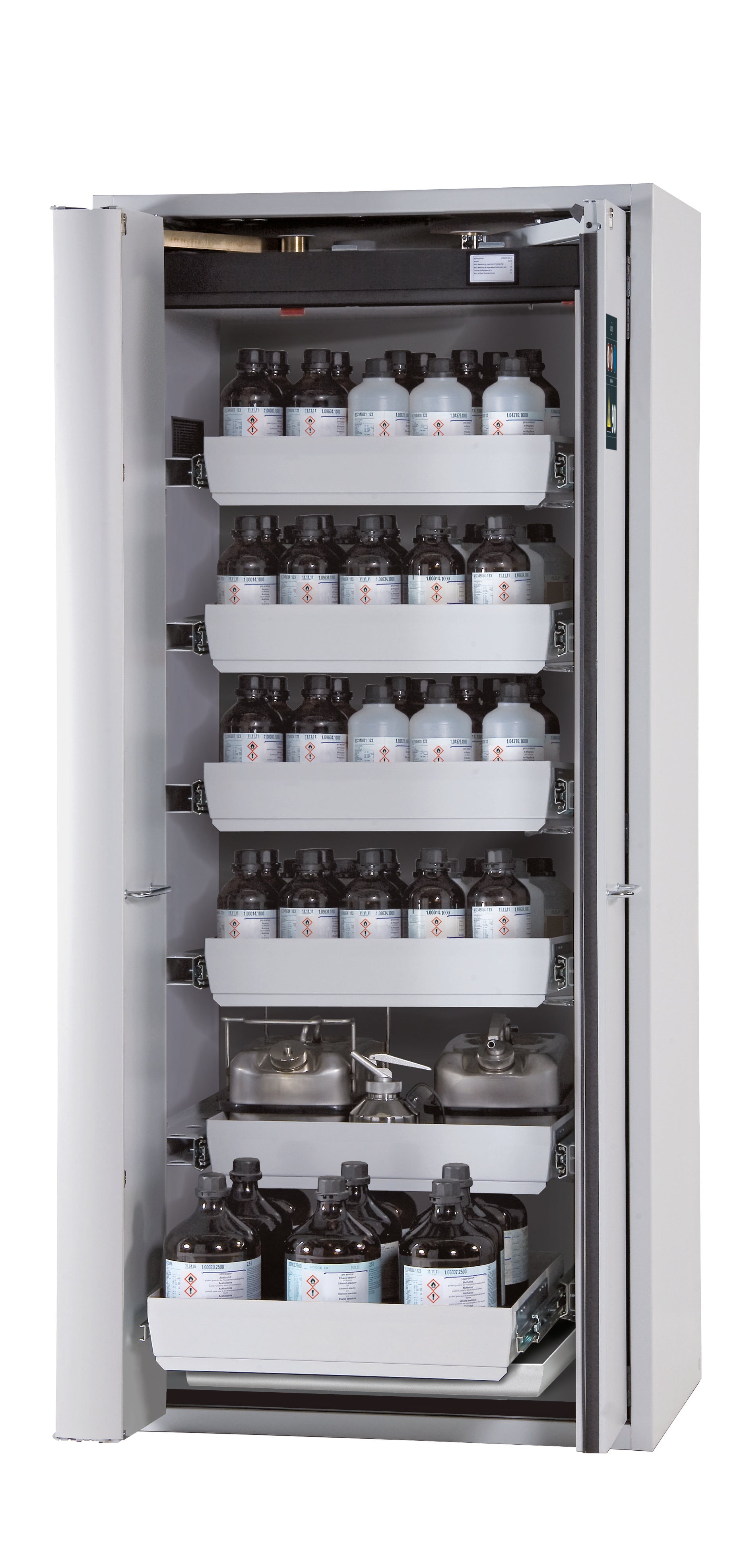 Typ 90 Sicherheitsschrank S-PHOENIX-90 Modell S90.196.090.FWAS in lichtgrau RAL 7035 mit 6x Auszugswanne Standard (Stahlblech)