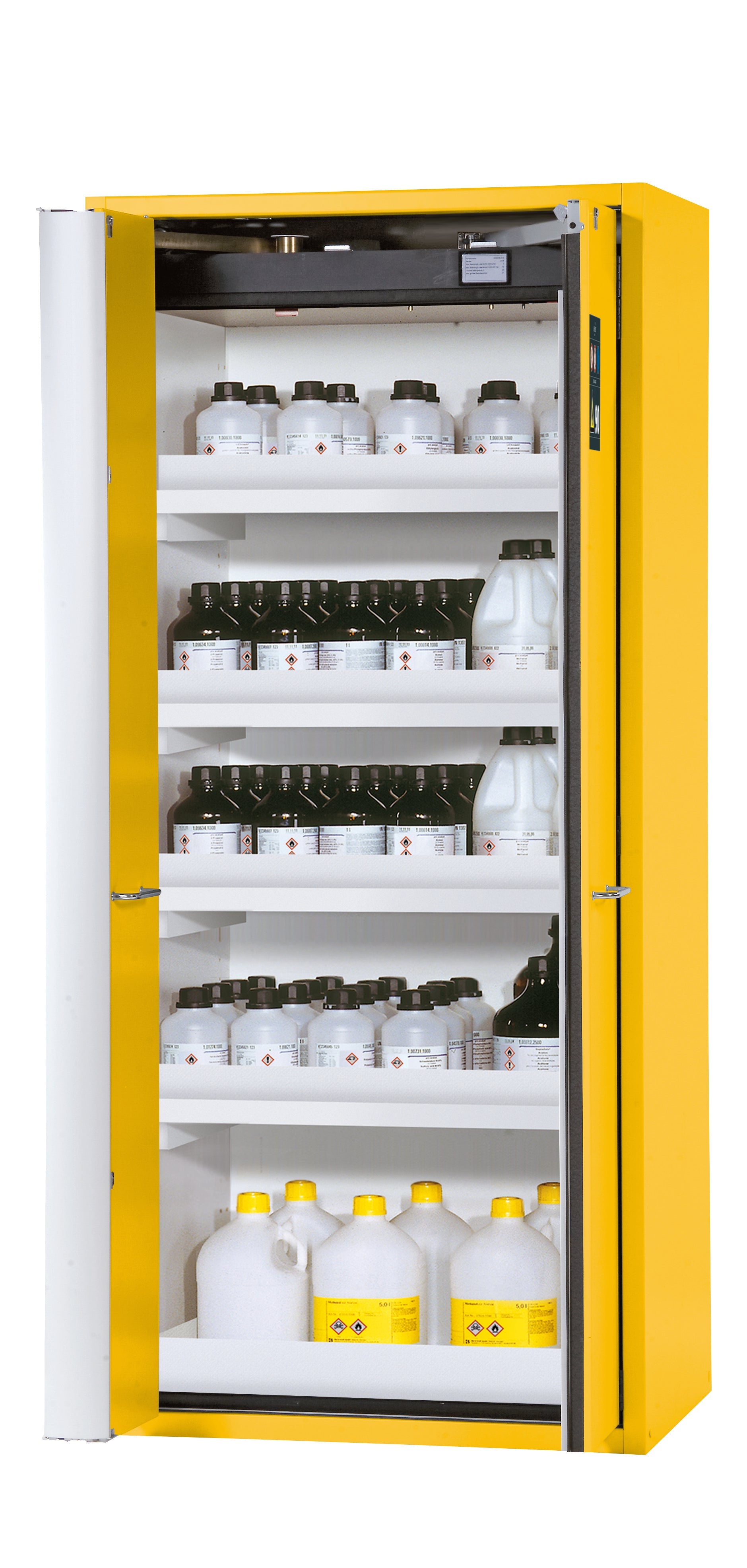 Armoire de sécurité type 90 S-PHOENIX-90 modèle S90.196.090.FWAS en jaune de sécurité RAL 1004 avec 4x pieds de plateau standard (polypropylène)