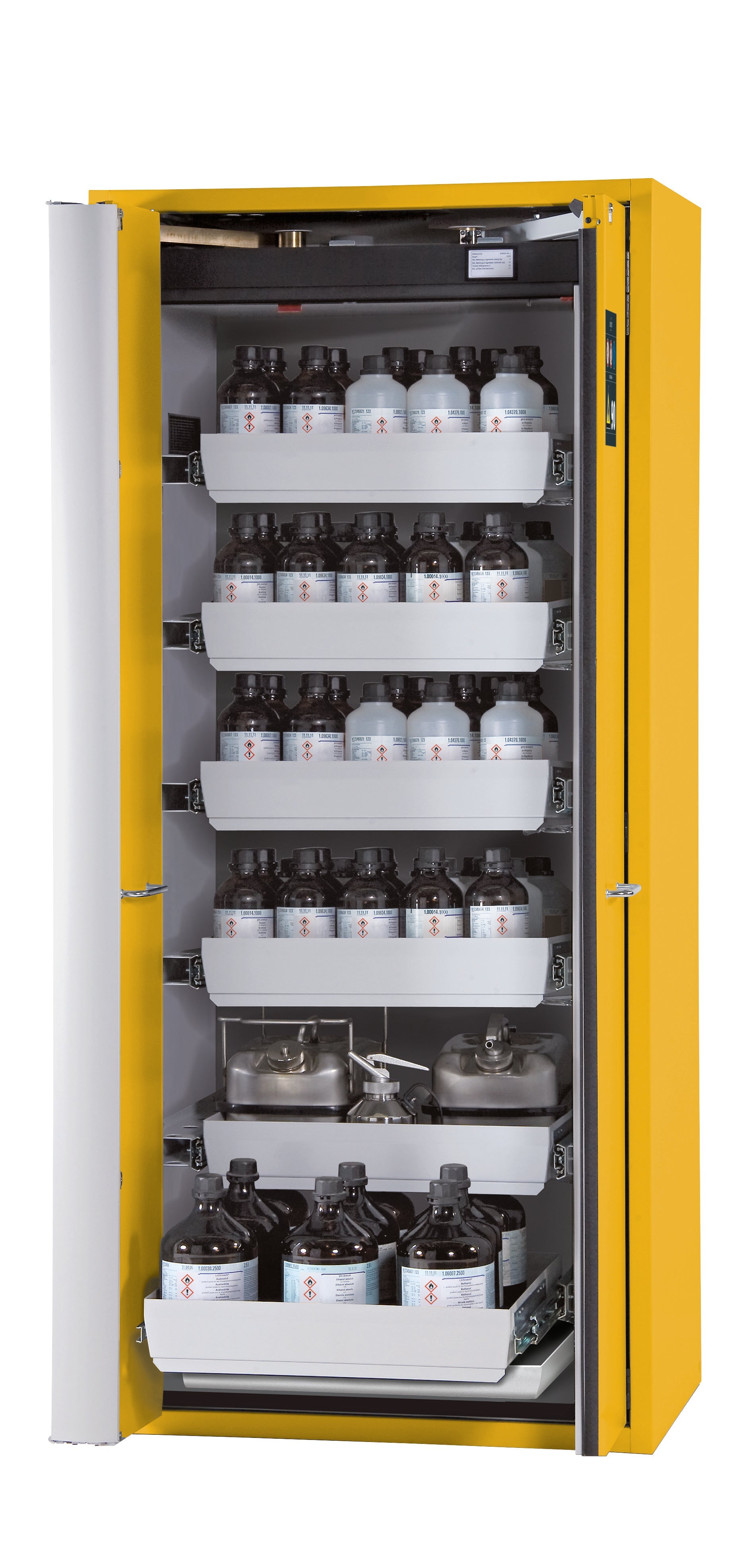 Armoire de sécurité type 90 S-PHOENIX-90 modèle S90.196.090.FWAS en jaune de sécurité RAL 1004 avec 6 plateaux coulissants standard (tôle d'acier)