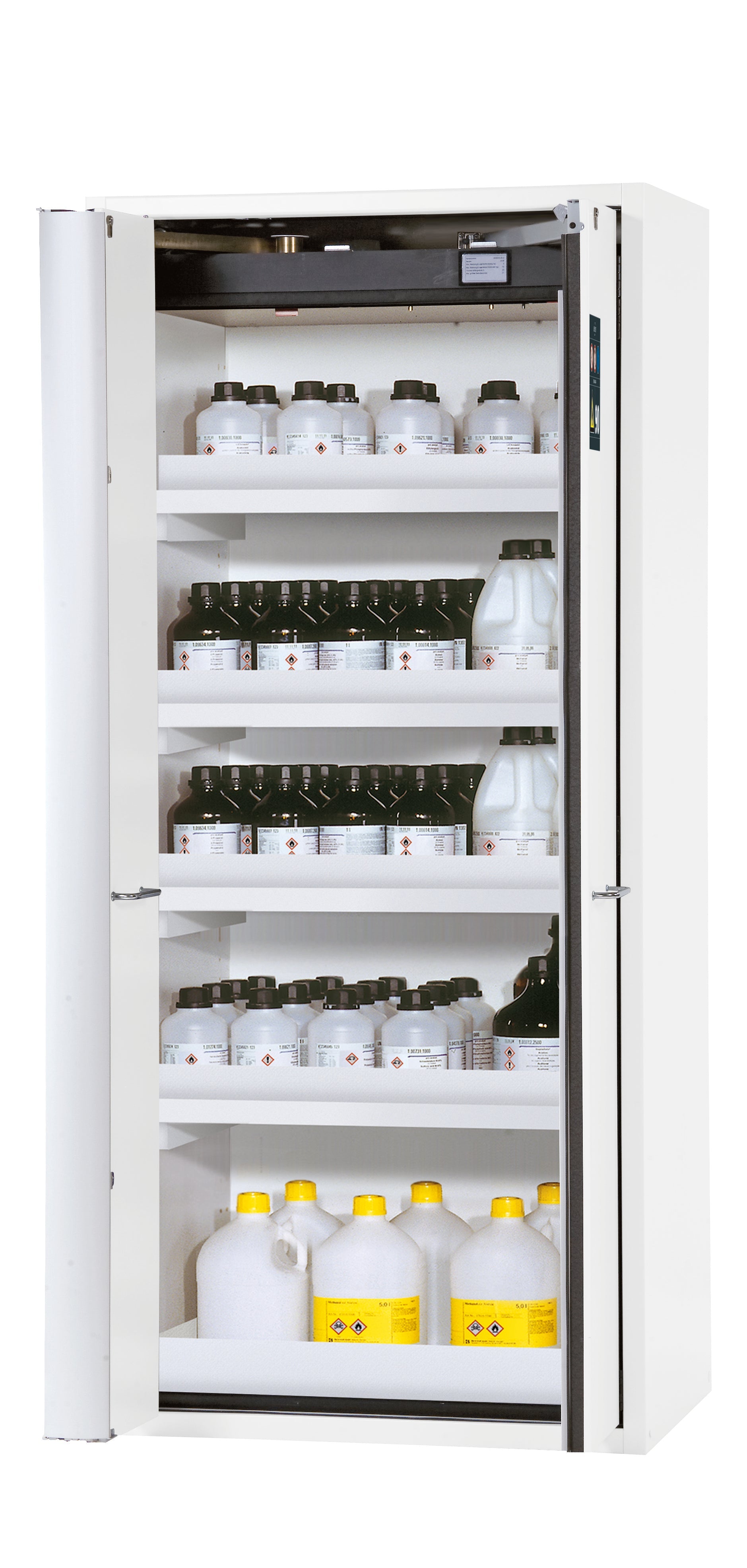 Typ 90 Sicherheitsschrank S-PHOENIX-90 Modell S90.196.090.FWAS in laborweiss (ähnl. RAL 9016) mit 4x Wannenboden Standard (Polypropylen)