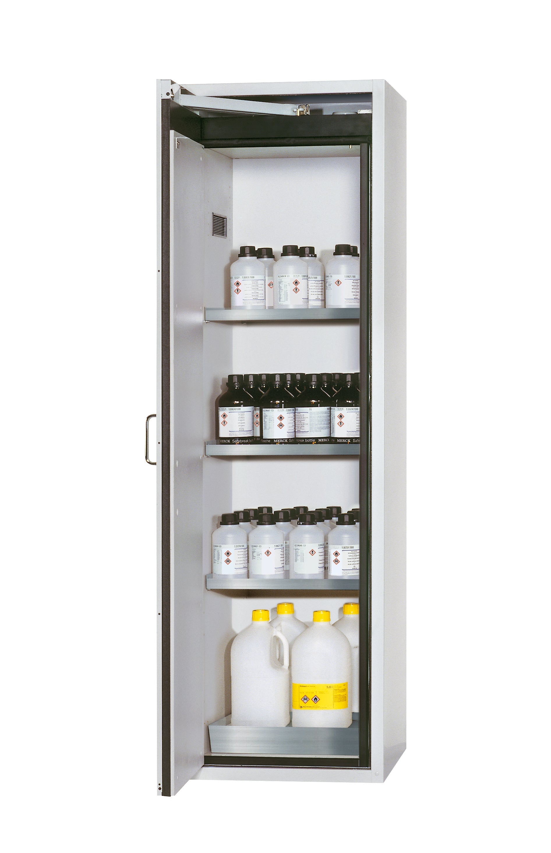 Type 90 safety cabinet S-CLASSIC-90 model S90.196.060.WDAS in light gray RAL 7035 with 3x standard shelves (stainless steel 1.4301)