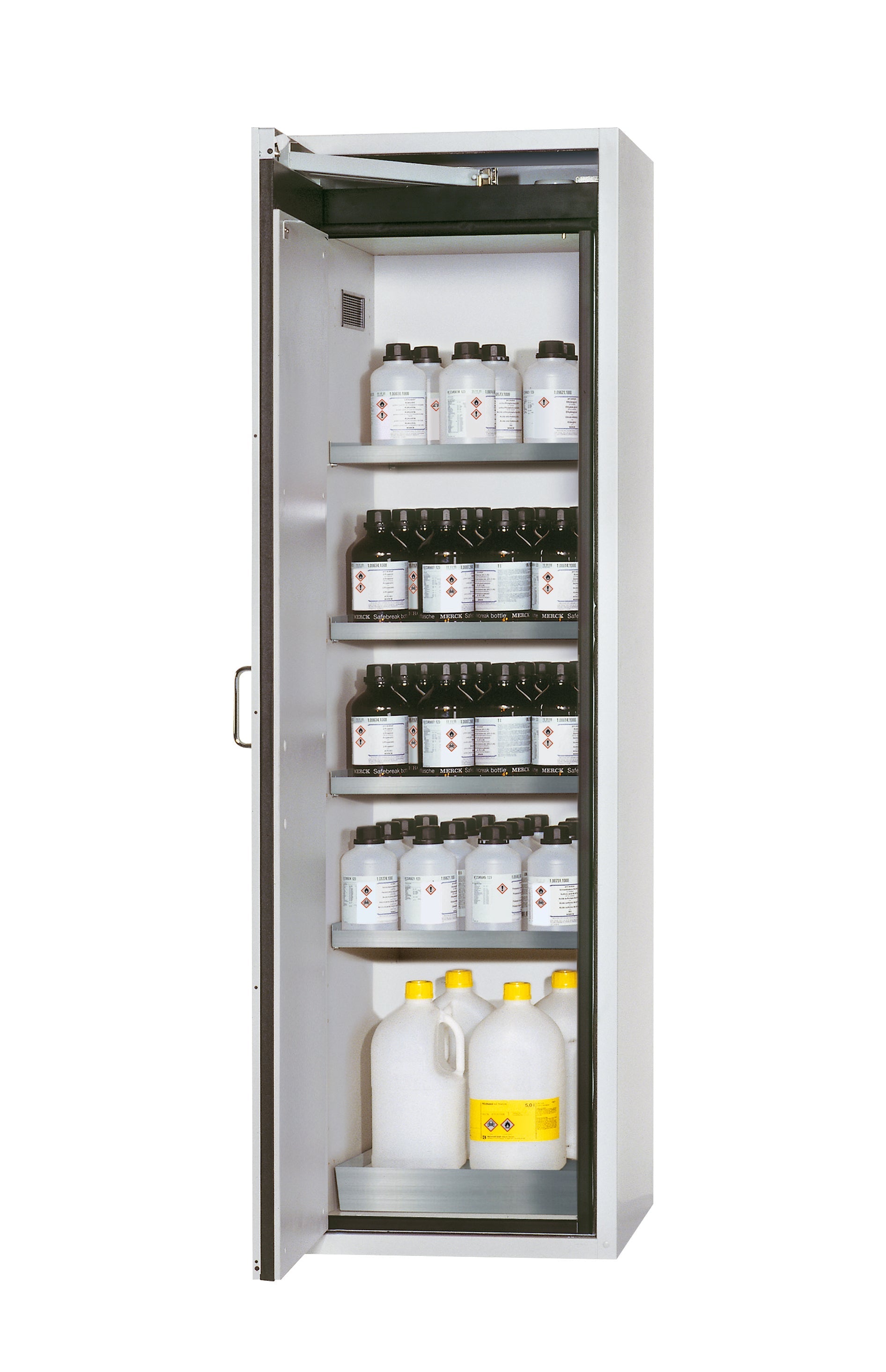 Type 90 safety cabinet S-CLASSIC-90 model S90.196.060.WDAS in light gray RAL 7035 with 4x standard shelves (stainless steel 1.4301)