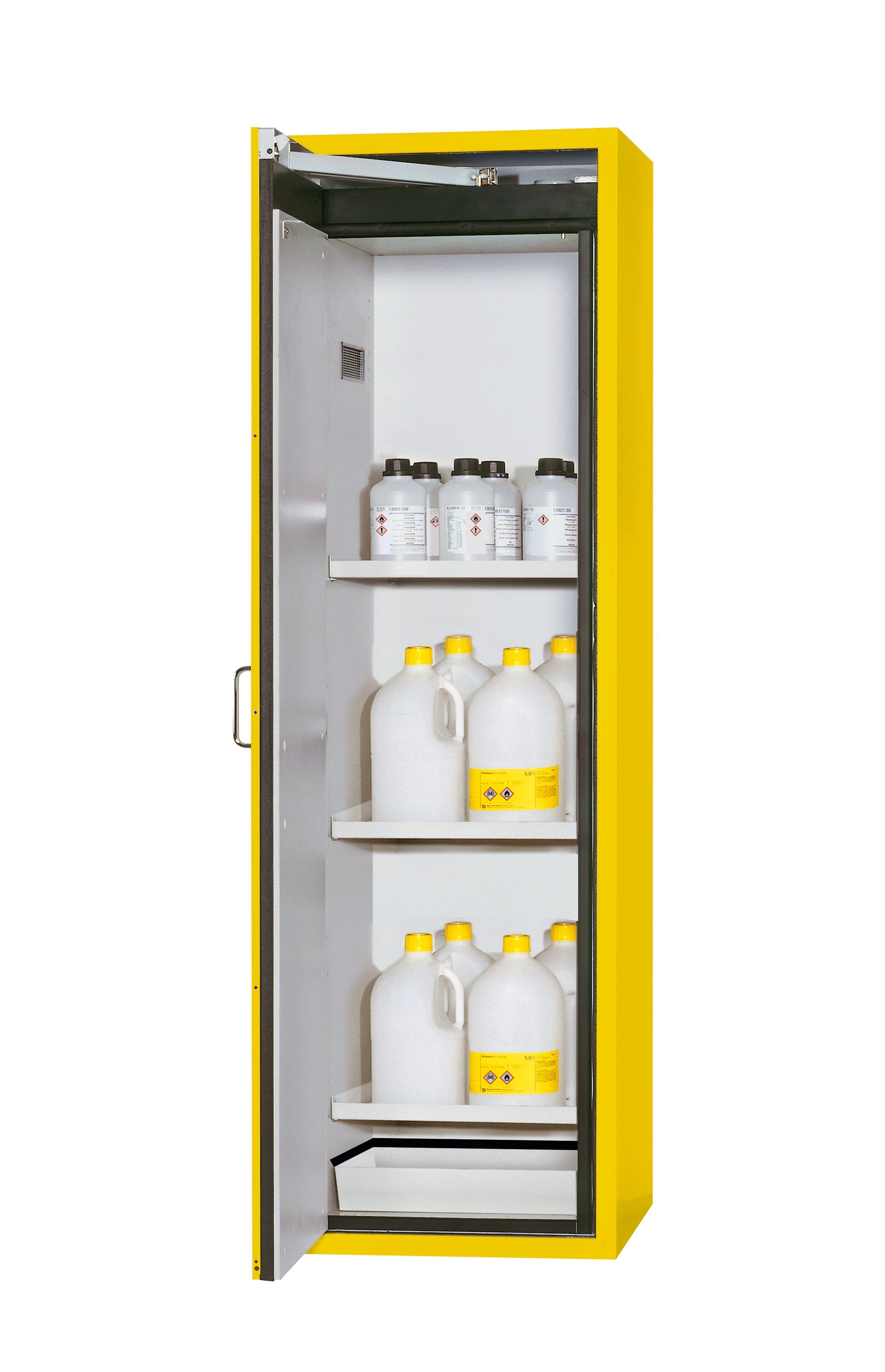 Type 90 safety cabinet S-CLASSIC-90 model S90.196.060.WDAS in safety yellow RAL 1004 with 3x standard shelves (sheet steel)