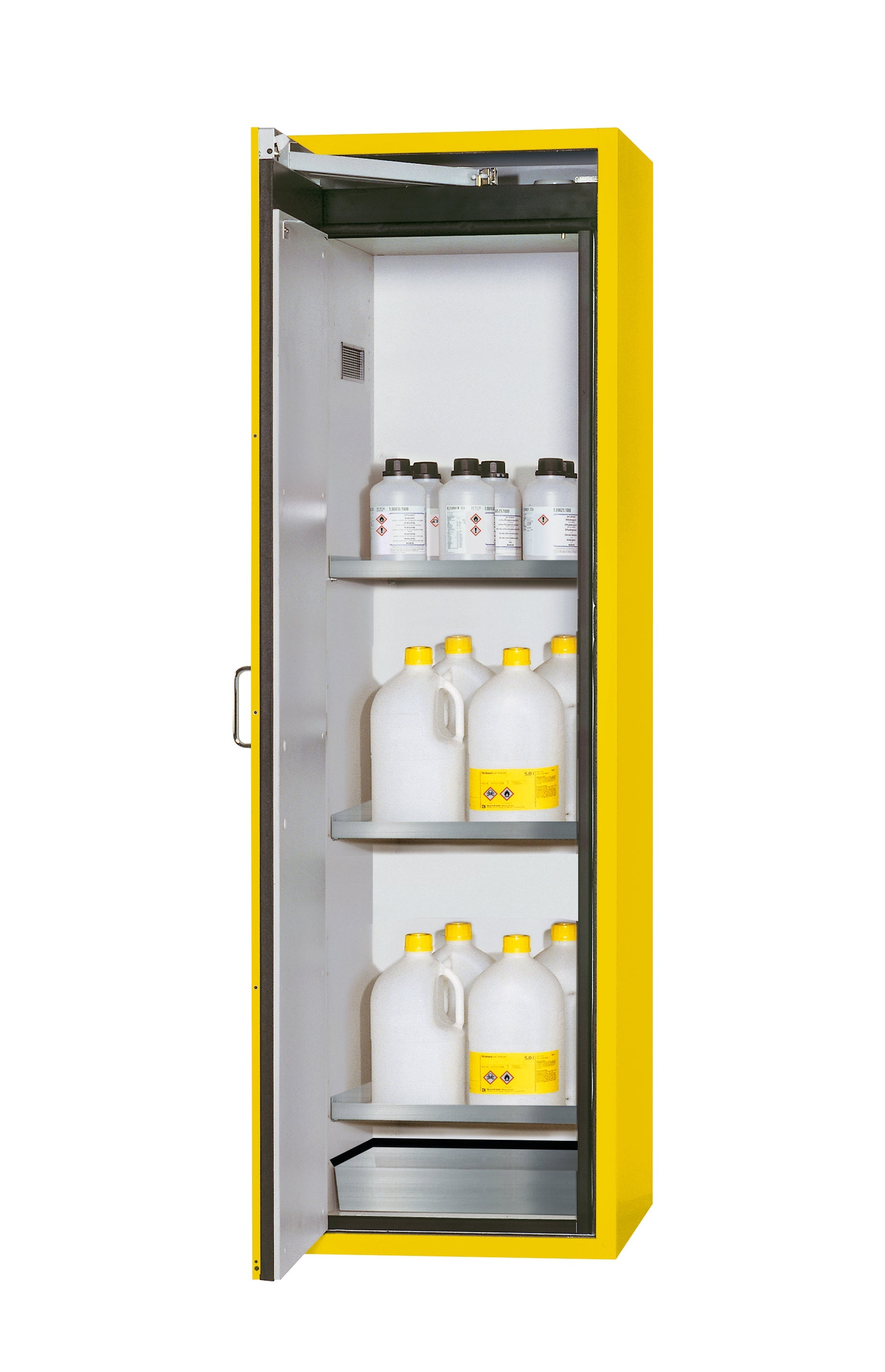 Armoire de sécurité type 90 S-CLASSIC-90 modèle S90.196.060 en jaune de sécurité RAL 1004 avec 3 étagères standard (acier inoxydable 1.4301)