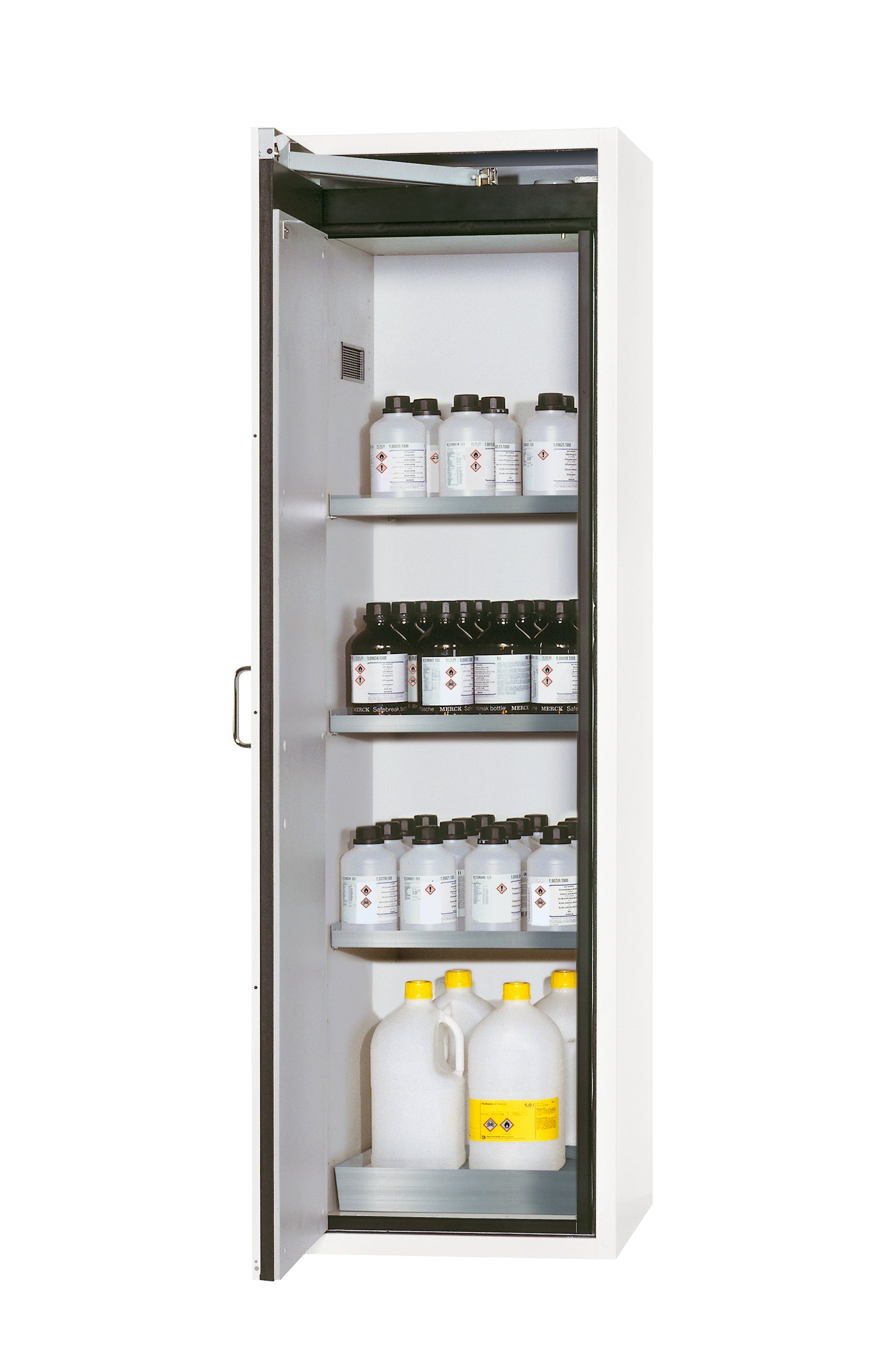 Armoire de sécurité type 90 S-CLASSIC-90 modèle S90.196.060 en blanc de laboratoire (similaire à RAL 9016) avec 3 étagères standard (acier inoxydable 1.4301)