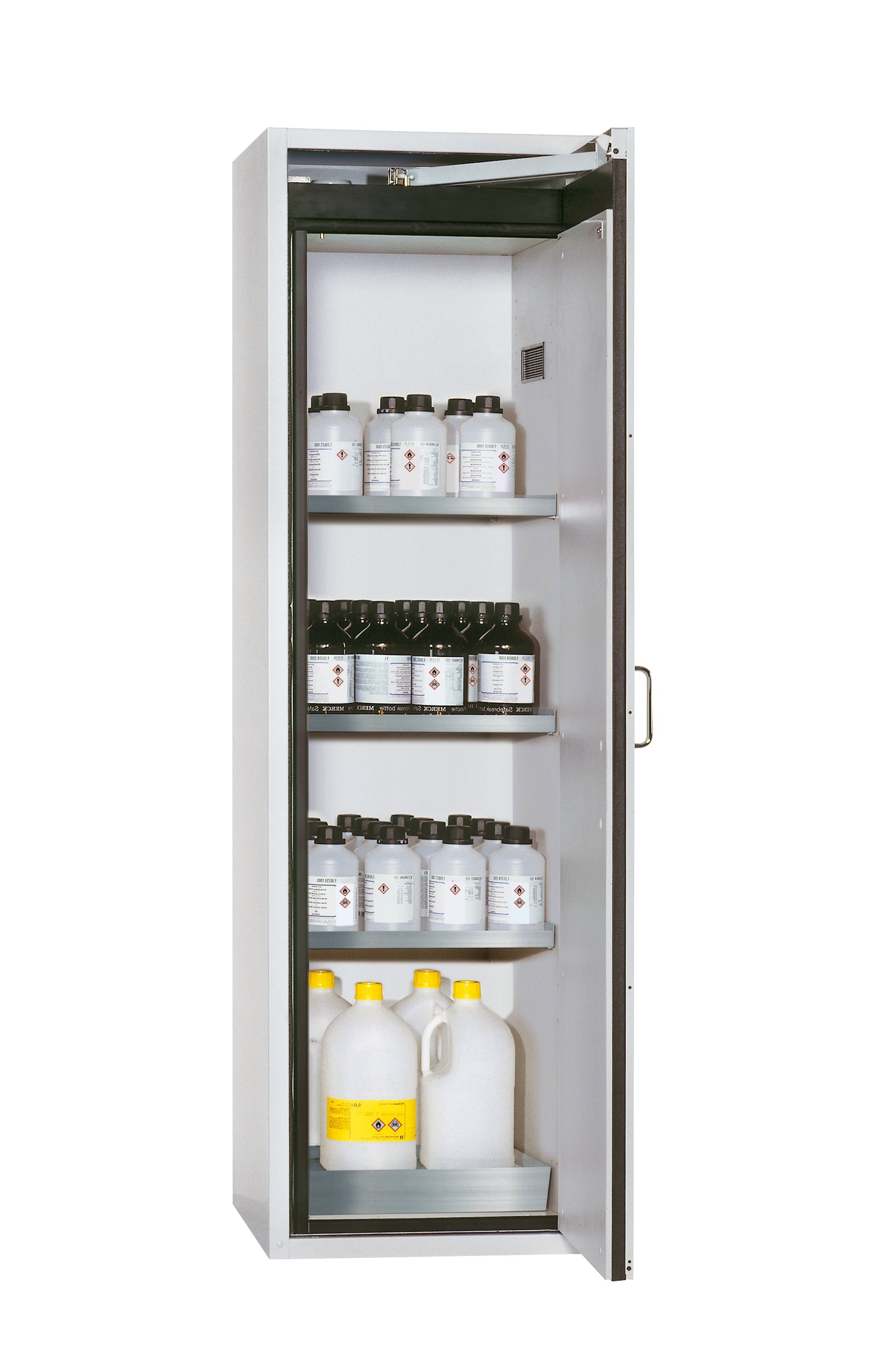 Type 90 safety cabinet S-CLASSIC-90 model S90.196.060.WDASR in light gray RAL 7035 with 3x standard shelves (stainless steel 1.4301)