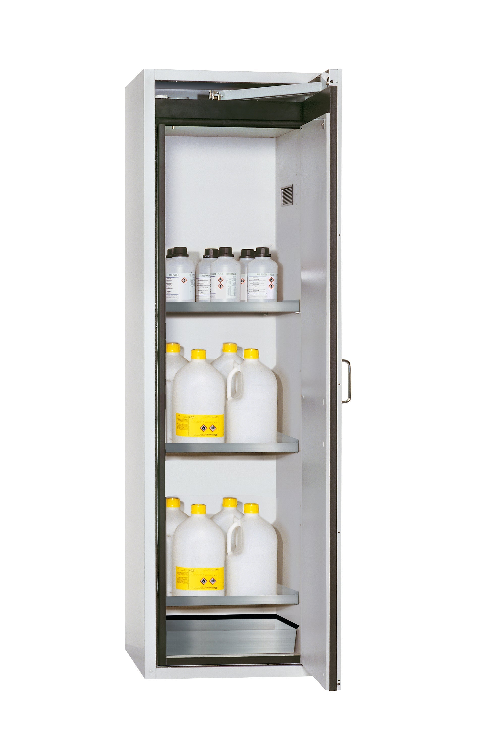 Type 90 safety cabinet S-CLASSIC-90 model S90.196.060.WDASR in light gray RAL 7035 with 3x standard shelves (stainless steel 1.4301)