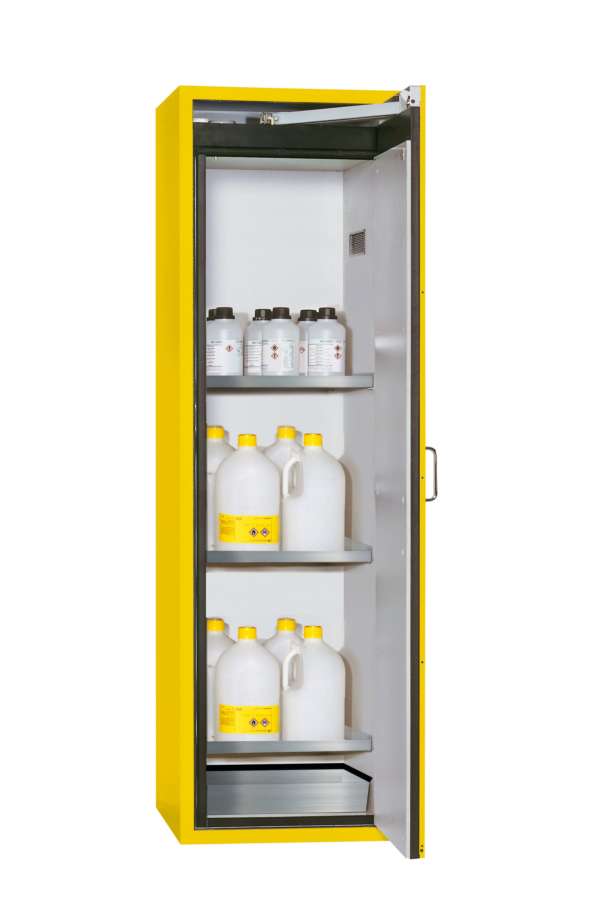 Armoire de sécurité type 90 S-CLASSIC-90 modèle S90.196.060.R en jaune de sécurité RAL 1004 avec 3 étagères standard (acier inoxydable 1.4301)