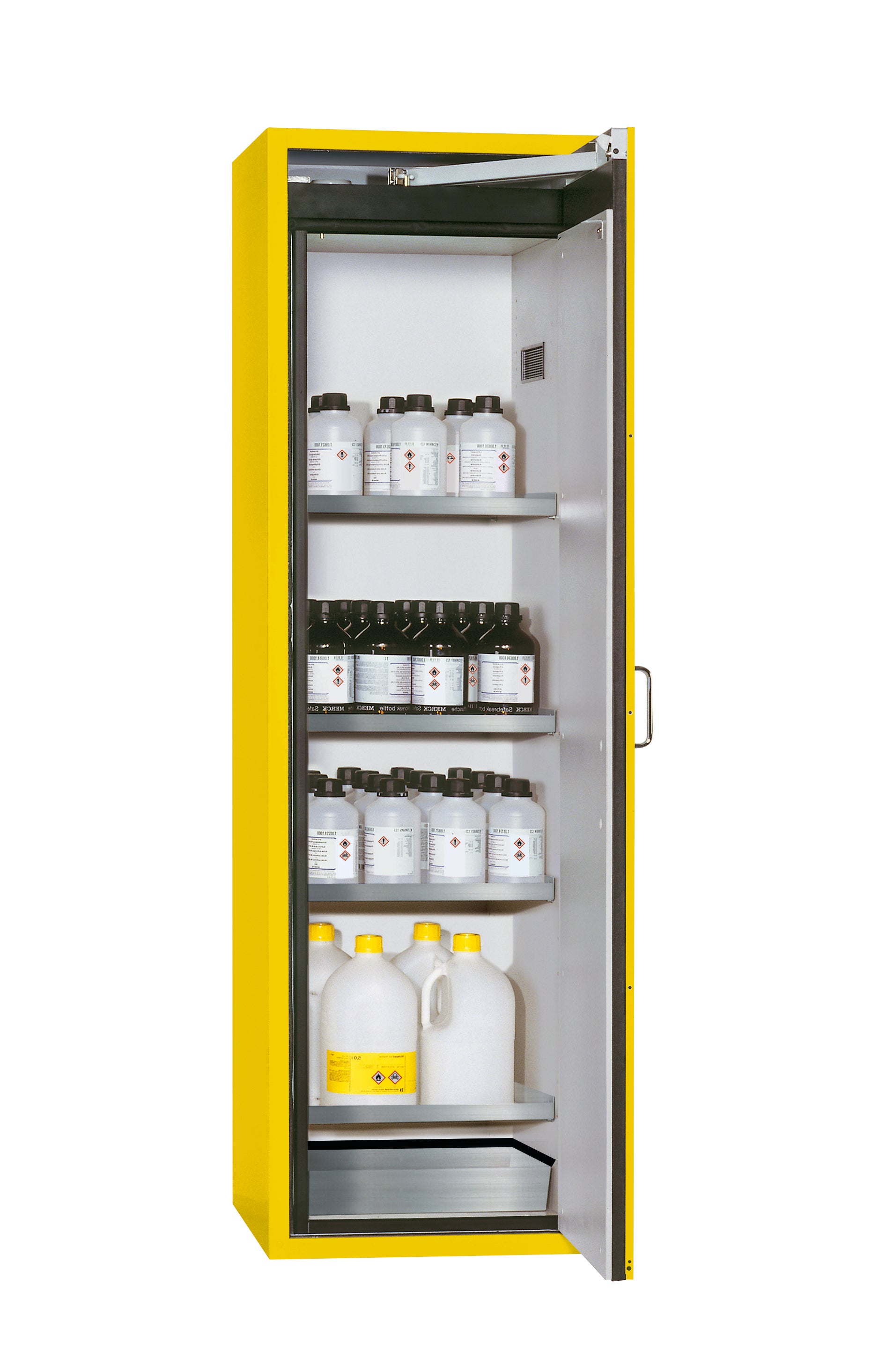 Type 90 safety cabinet S-CLASSIC-90 model S90.196.060.WDASR in safety yellow RAL 1004 with 4x standard shelves (stainless steel 1.4301)