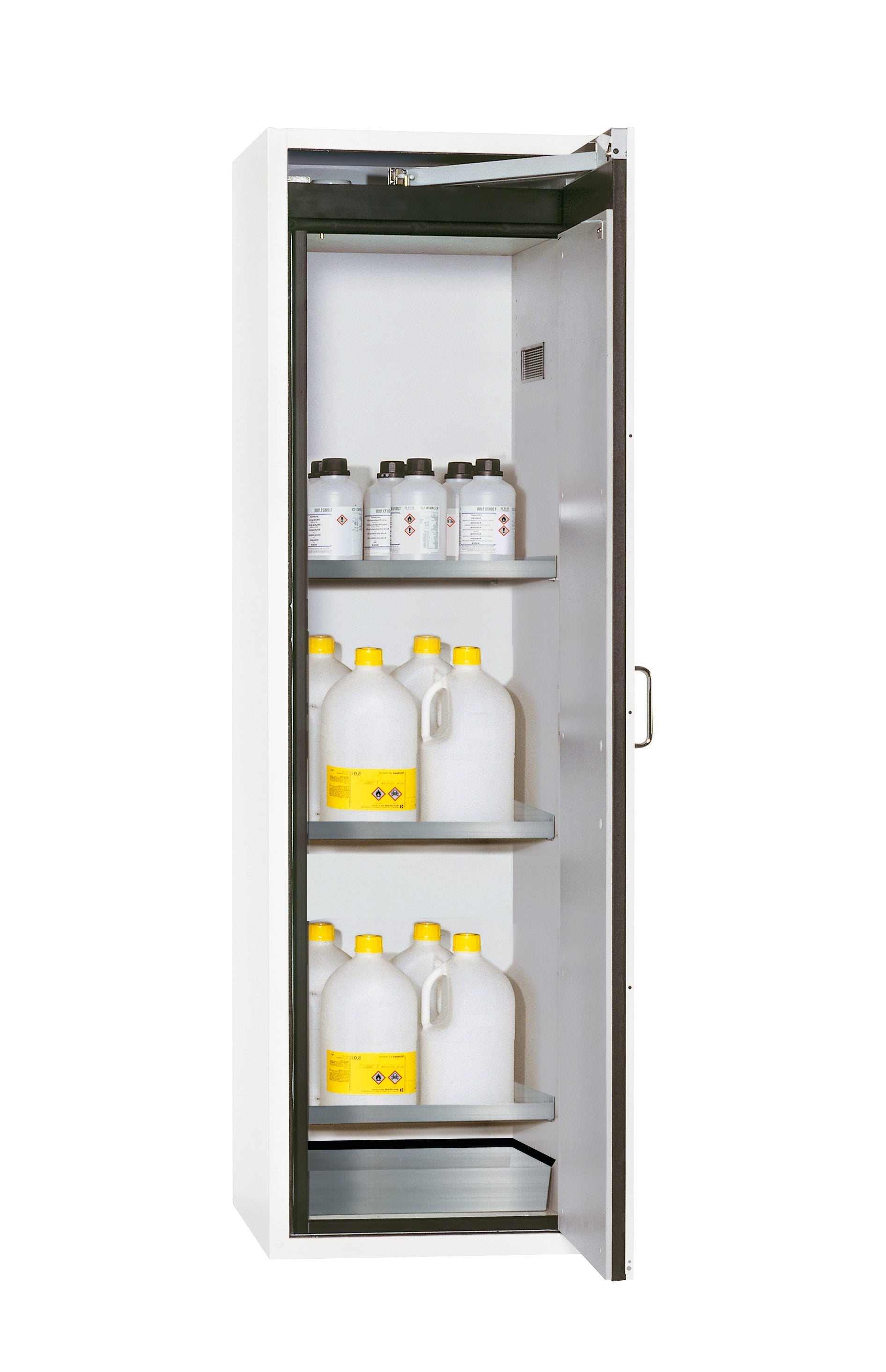 Armoire de sécurité type 90 S-CLASSIC-90 modèle S90.196.060.R en blanc de laboratoire (similaire à RAL 9016) avec 3 étagères standard (acier inoxydable 1.4301)