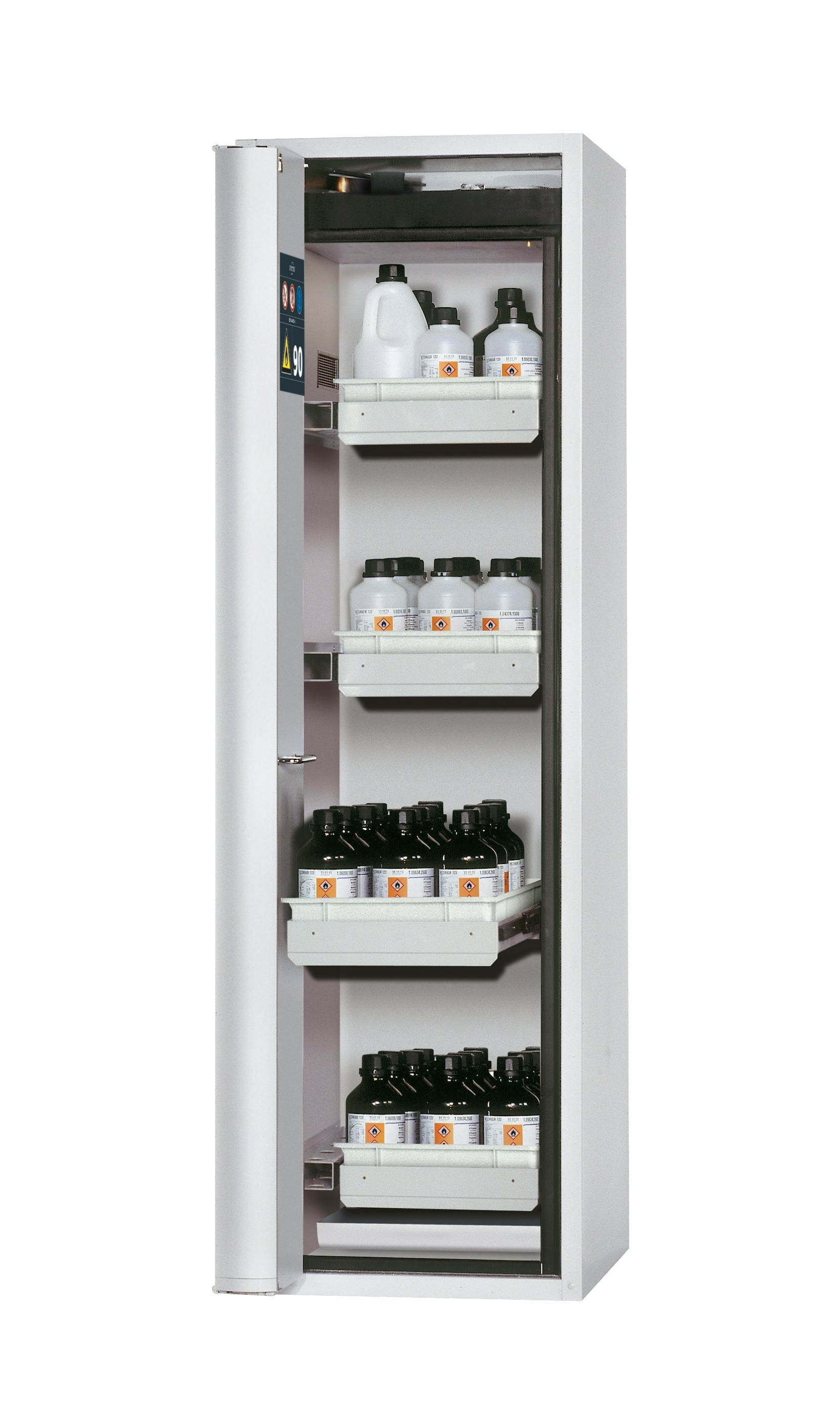 Typ 90 Sicherheitsschrank S-PHOENIX-90 Modell S90.196.060.FDAS in lichtgrau RAL 7035 mit 4x Auszugswanne Standard (Stahlblech)