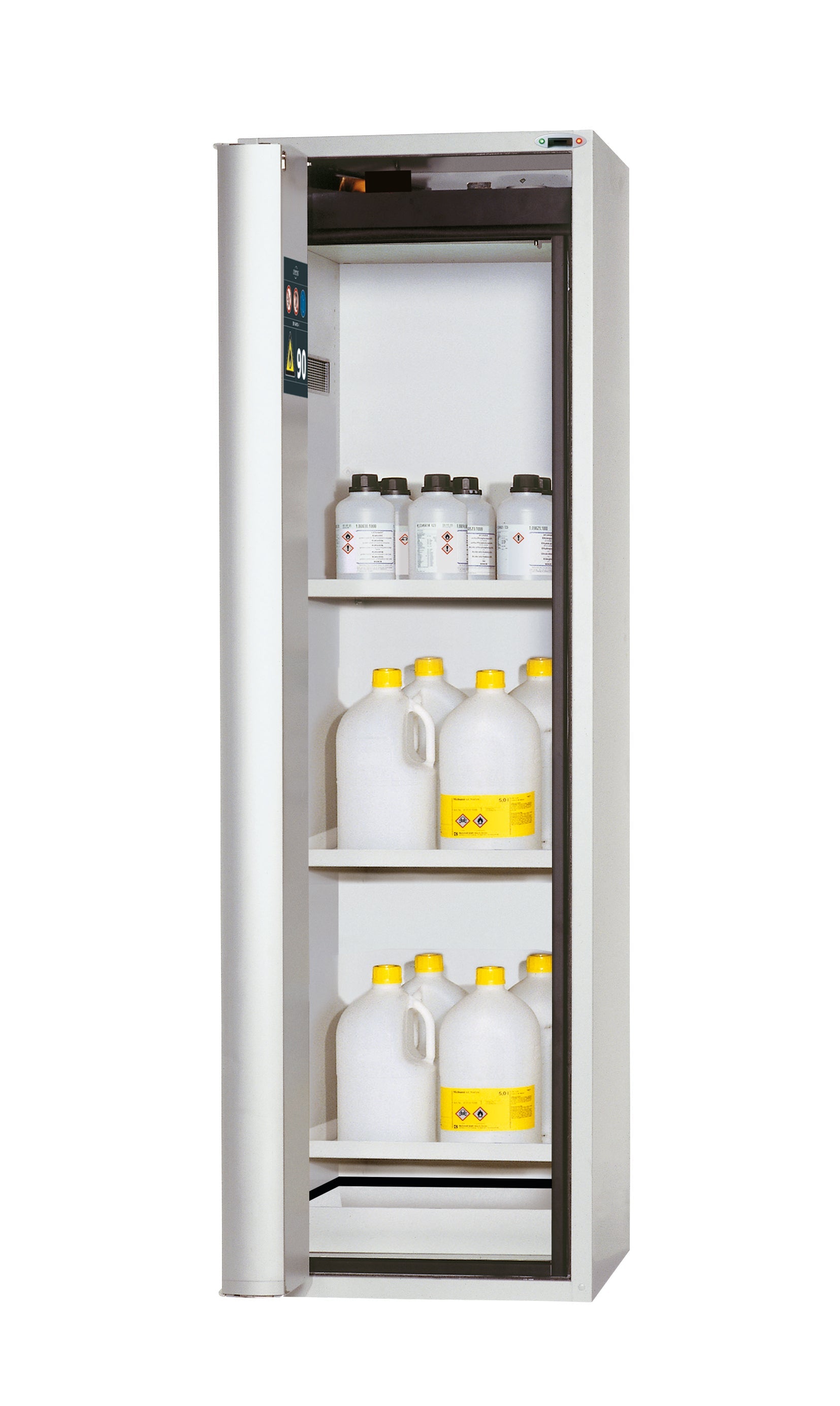 Type 90 safety cabinet S-PHOENIX touchless-90 model S90.196.060.FDAO in light gray RAL 7035 with 3x standard shelves (sheet steel)